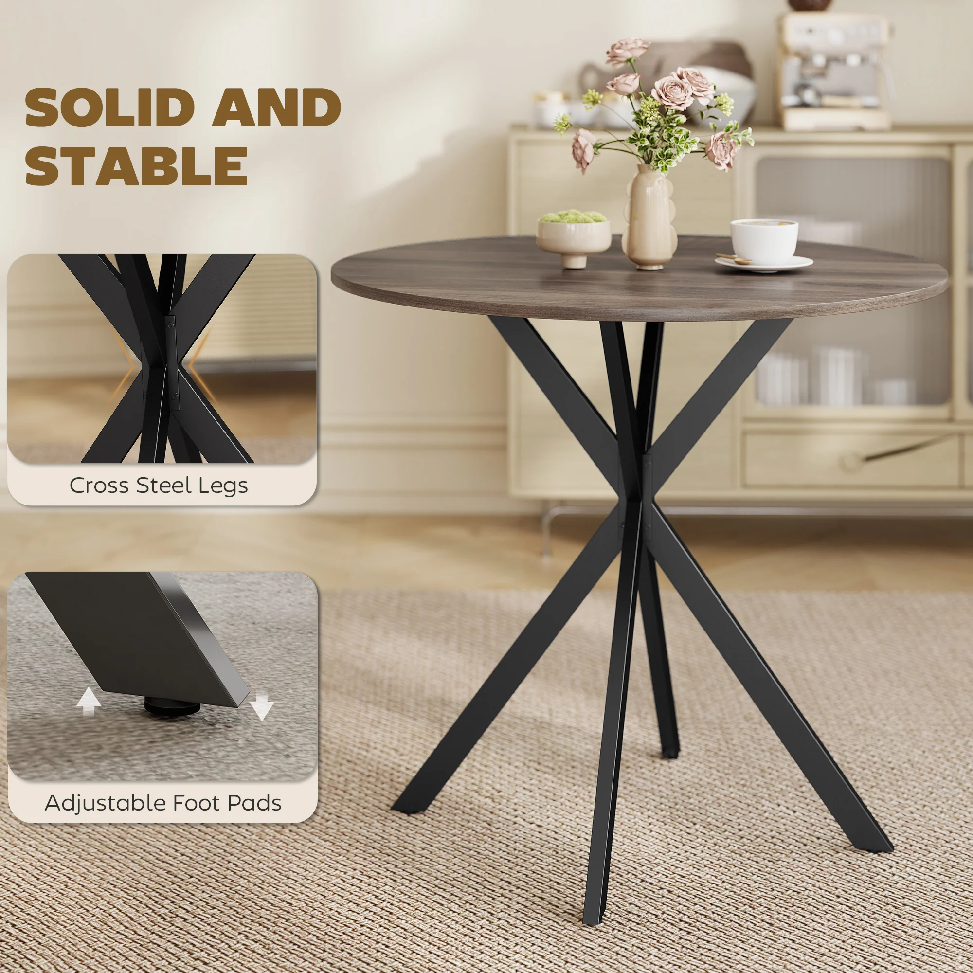 80cm Round Dining Table, Industrial Kitchen Table with Cross Steel Legs for Dining Room, Brown - Image 8