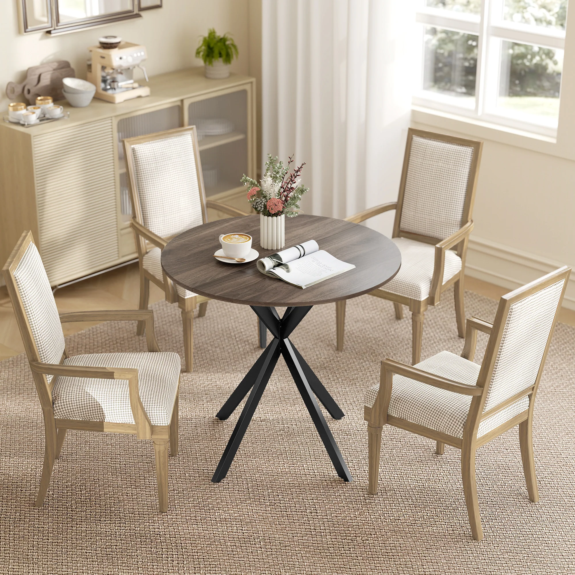 80cm Round Dining Table, Industrial Kitchen Table with Cross Steel Legs for Dining Room, Brown - Image 9