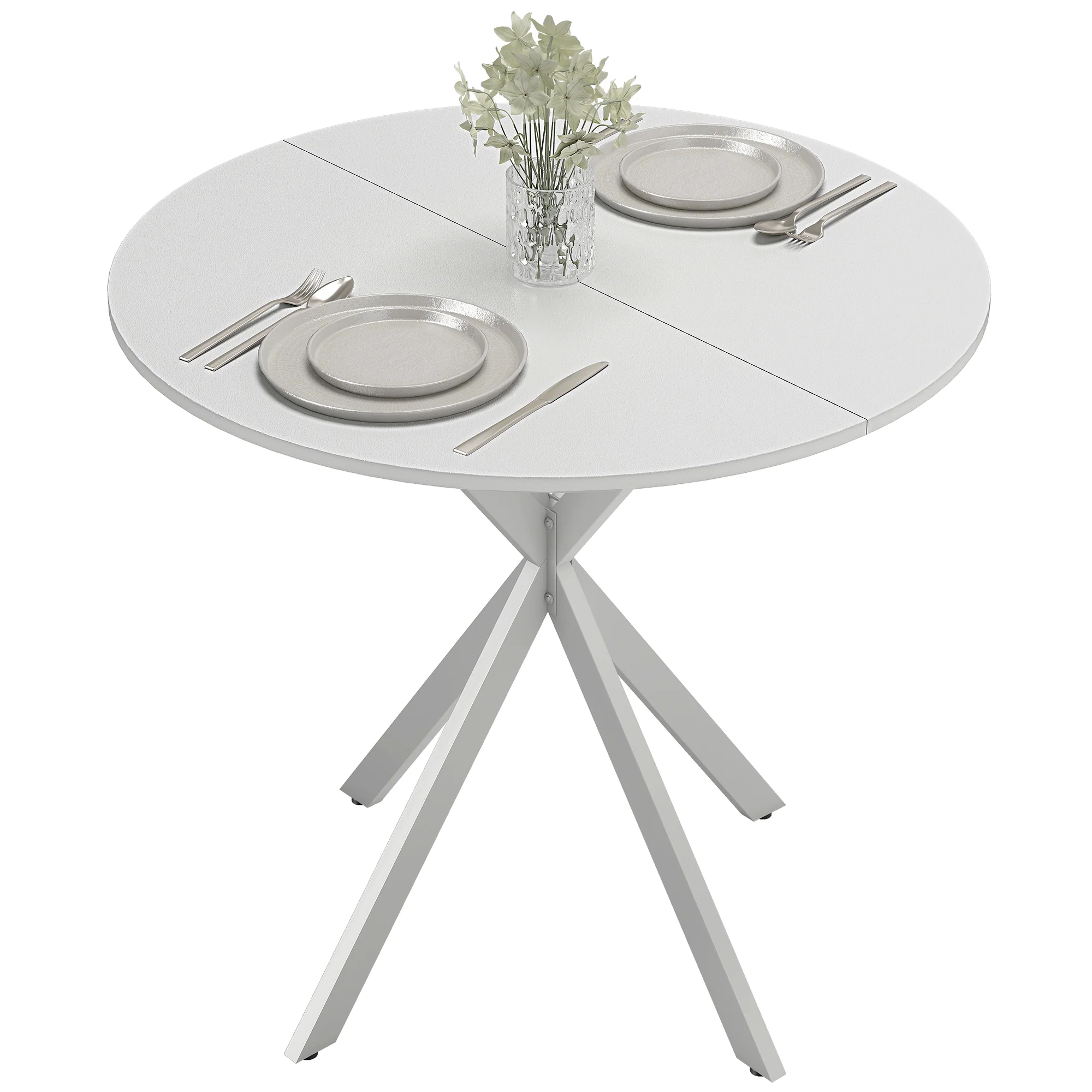 80cm Round Dining Table, Industrial Kitchen Table with Cross Steel Legs for Dining Room, White - Image 2
