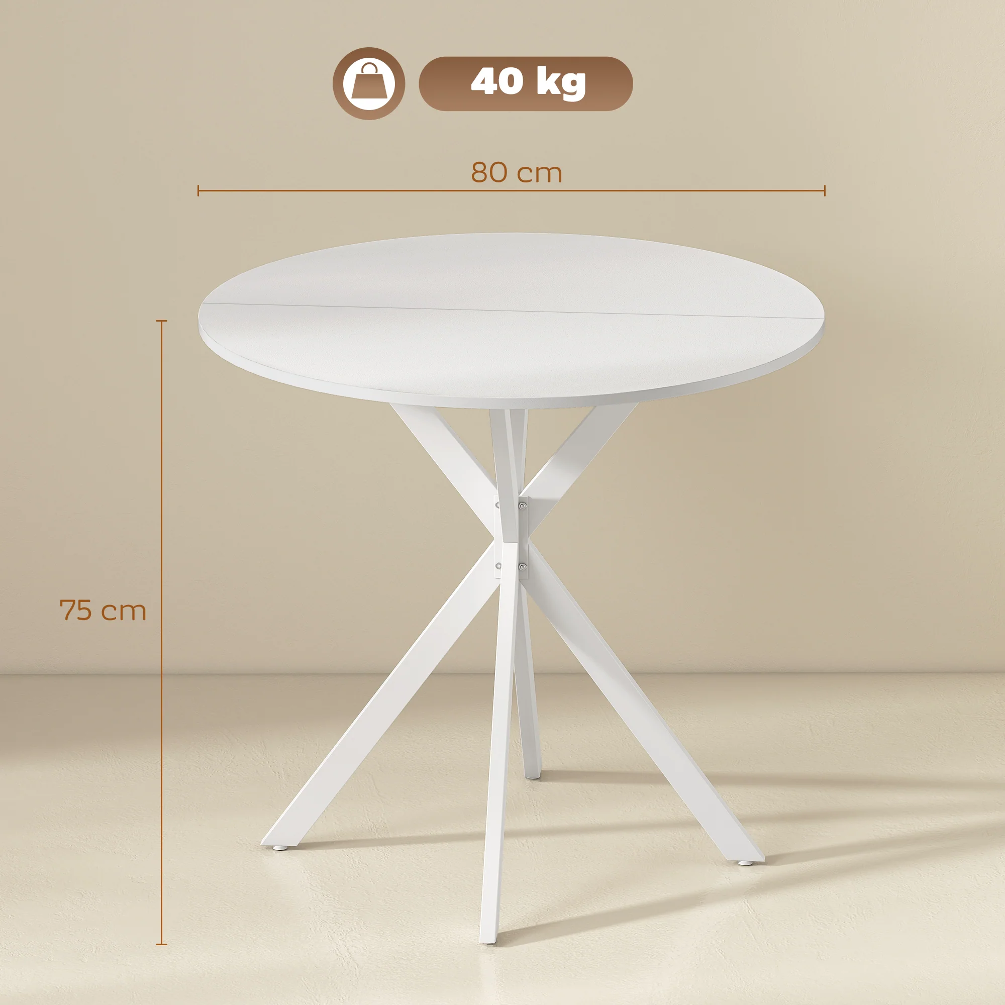 80cm Round Dining Table, Industrial Kitchen Table with Cross Steel Legs for Dining Room, White - Image 5