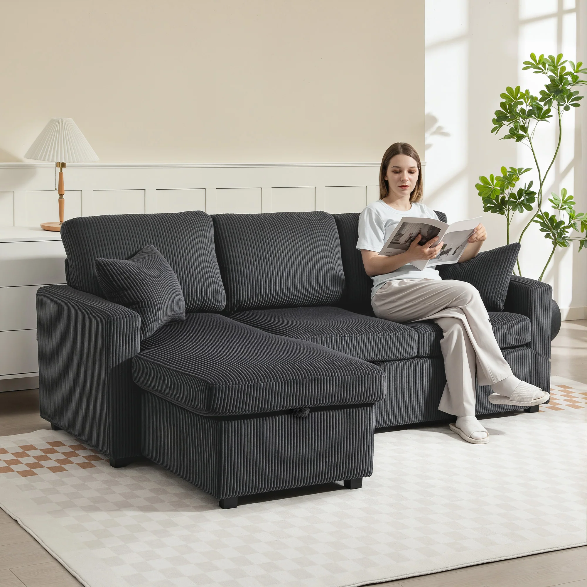 81" Sofa Bed, 2 In 1 Pull Out L-Shaped Sleeper Sofa Bed with Storage Chaise, Convertible Sectional Couch, Dark Grey - Image 3