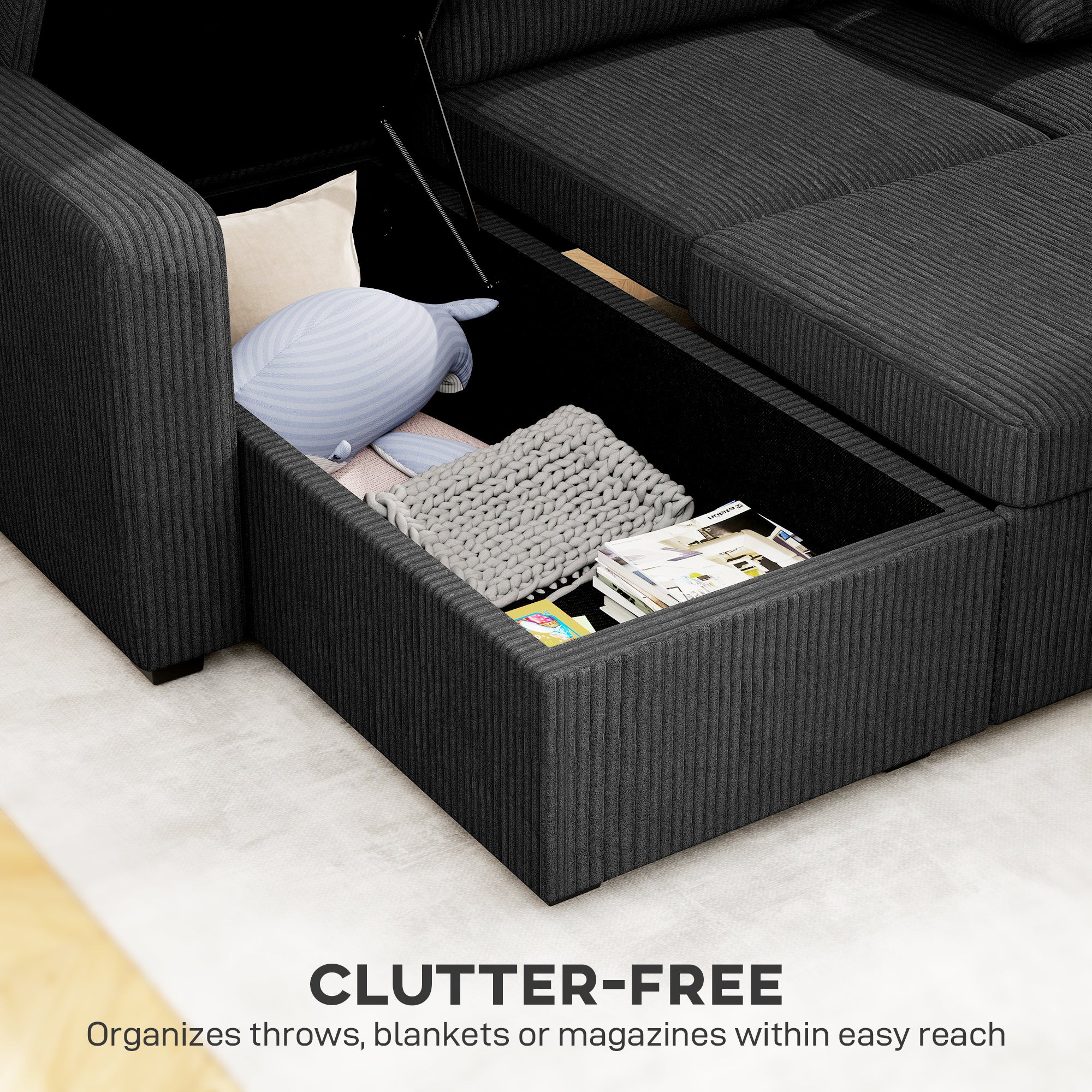 81" Sofa Bed, 2 In 1 Pull Out L-Shaped Sleeper Sofa Bed with Storage Chaise, Convertible Sectional Couch, Dark Grey - Image 8