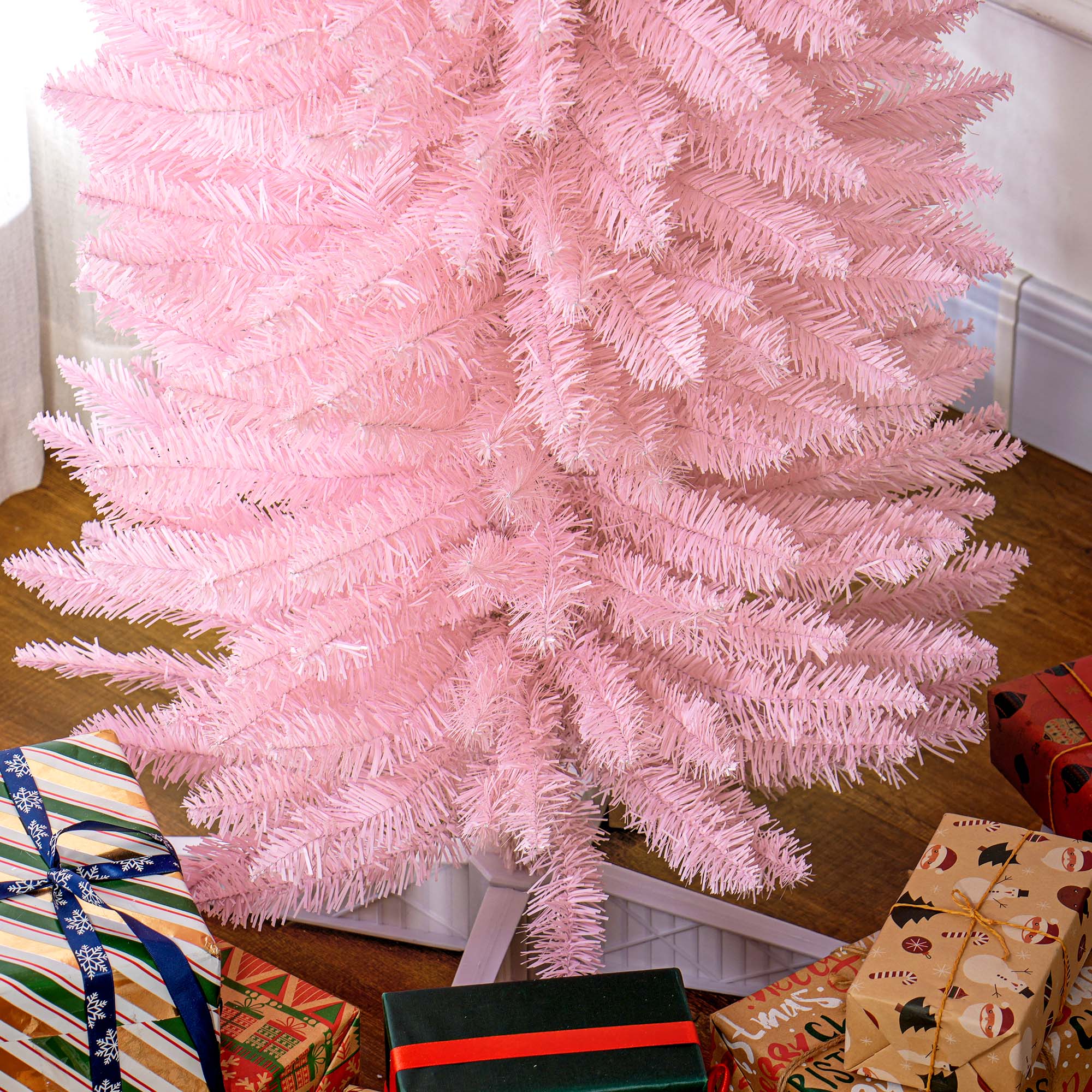 8ft Pencil Artificial Christmas Tree with Realistic Branches,618 Tips,Plastic Base, Pink - Image 11