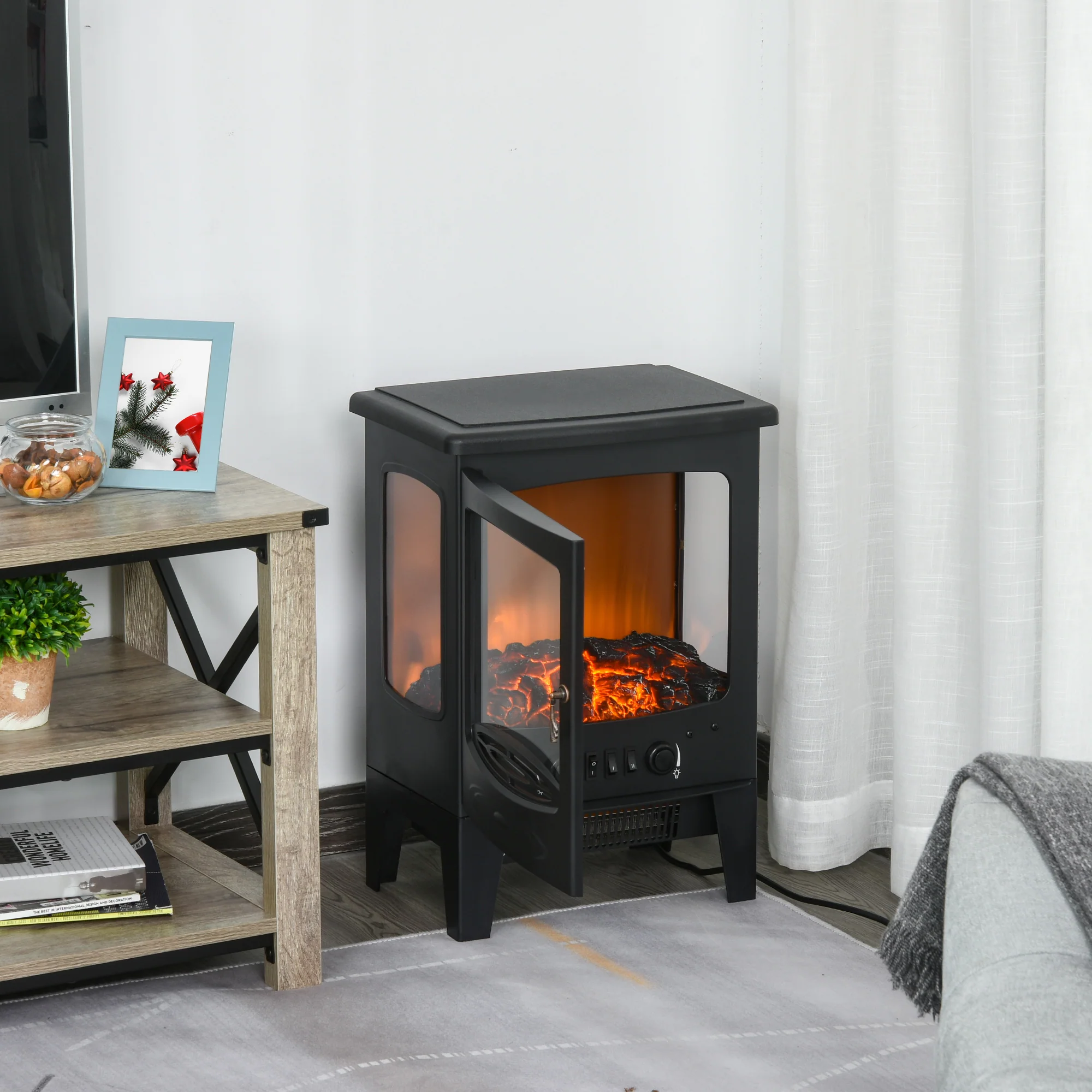900W/1800W Freestanding Electric Fireplace with Adjustable Artificial Flame, Black - Image 4