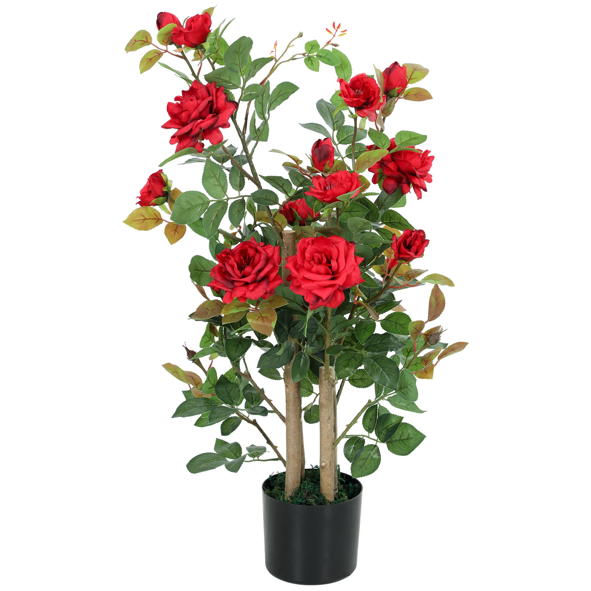 90cm Artificial Rose Tree, Decorative Fake Plant with 344 Silk Leaves and 17 Flowers, UV-Resistant Faux Tree for Outdoor Indoor Garden Porch Decor, Red