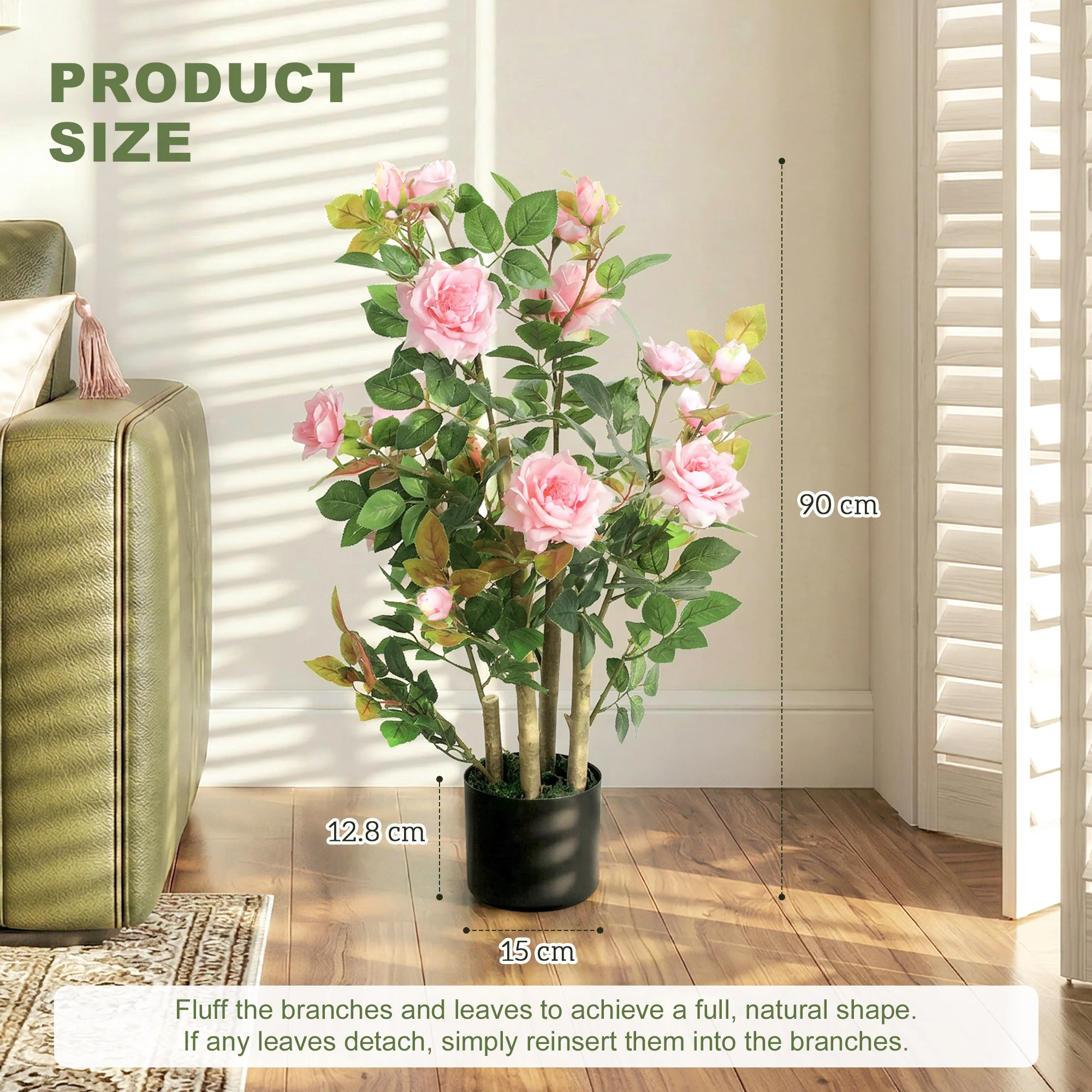 90cm Artificial Rose Tree, Decorative Fake Plant with 344 Silk Leaves and 17 Flowers, UV-Resistant Faux Tree for Outdoor Indoor Garden Porch Decor, Pink - Image 5