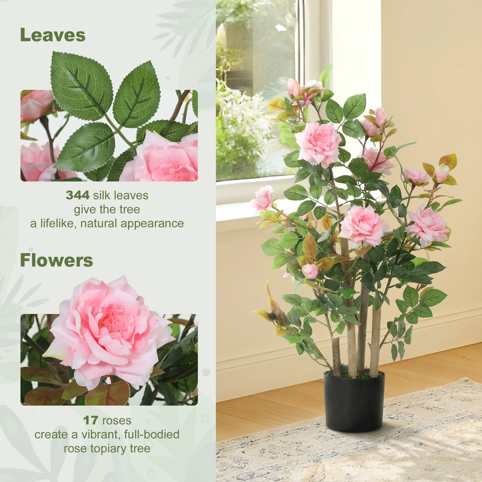 90cm Artificial Rose Tree, Decorative Fake Plant with 344 Silk Leaves and 17 Flowers, UV-Resistant Faux Tree for Outdoor Indoor Garden Porch Decor, Pink - Image 6