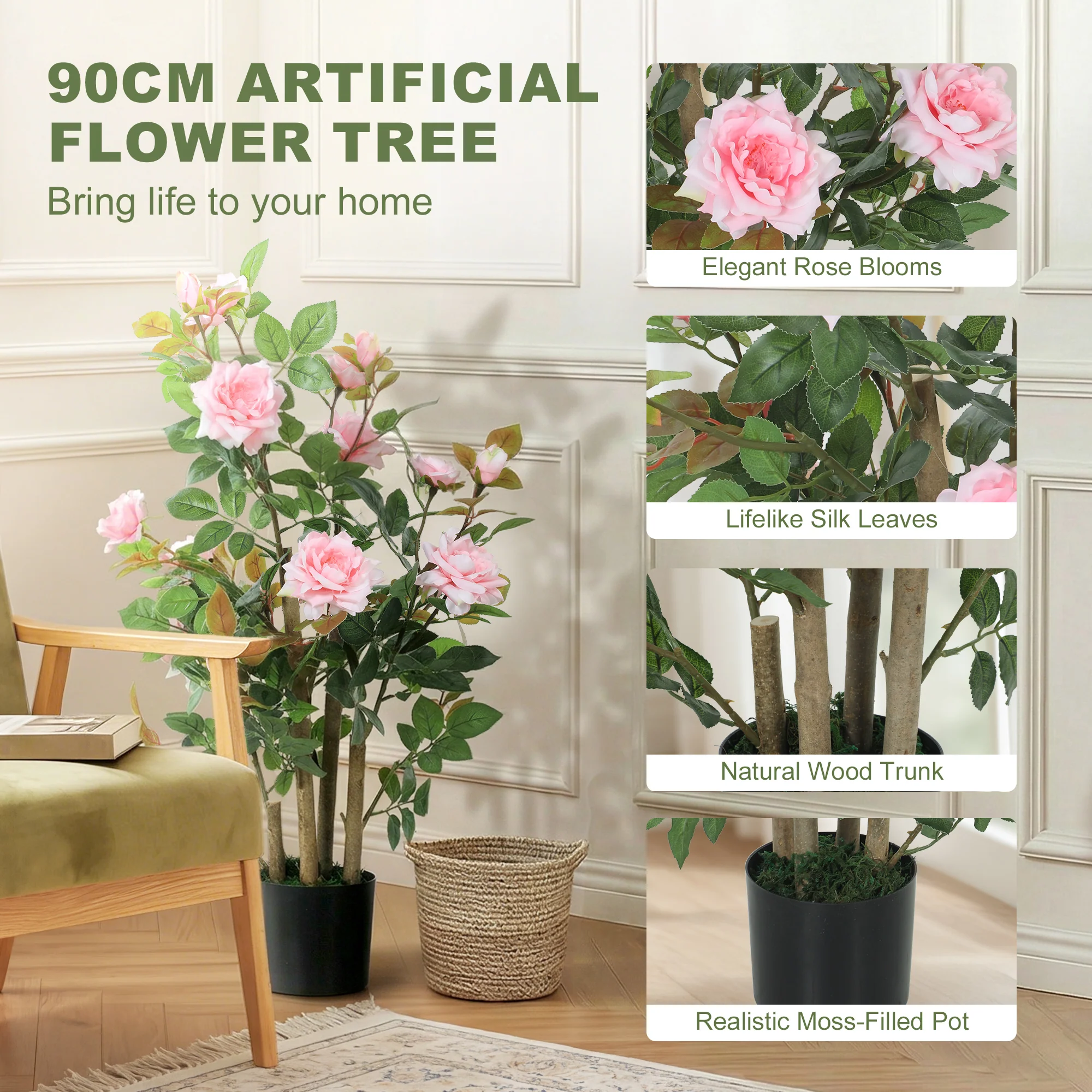 90cm Artificial Rose Tree, Decorative Fake Plant with 344 Silk Leaves and 17 Flowers, UV-Resistant Faux Tree for Outdoor Indoor Garden Porch Decor, Pink - Image 7