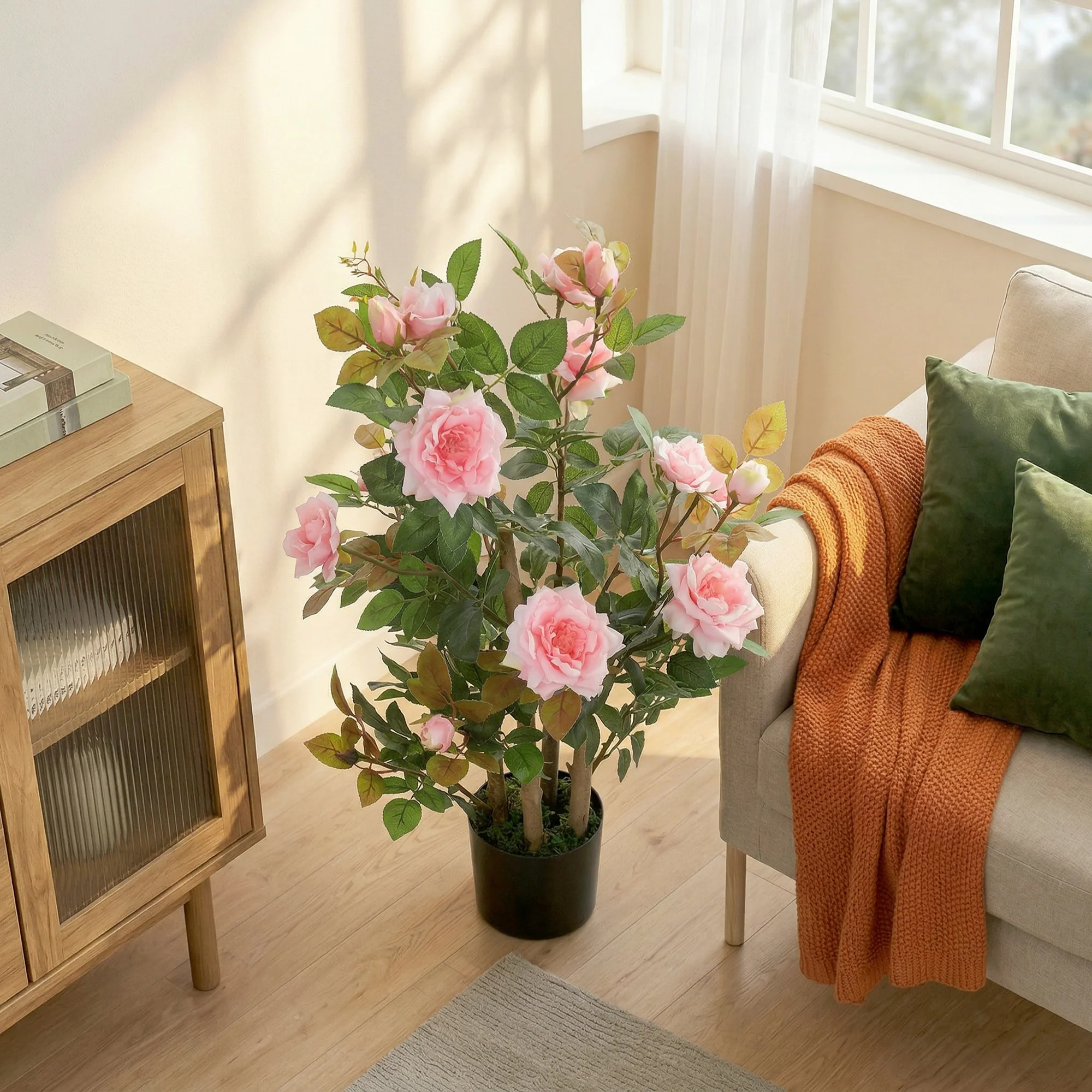 90cm Artificial Rose Tree, Decorative Fake Plant with 344 Silk Leaves and 17 Flowers, UV-Resistant Faux Tree for Outdoor Indoor Garden Porch Decor, Pink - Image 9