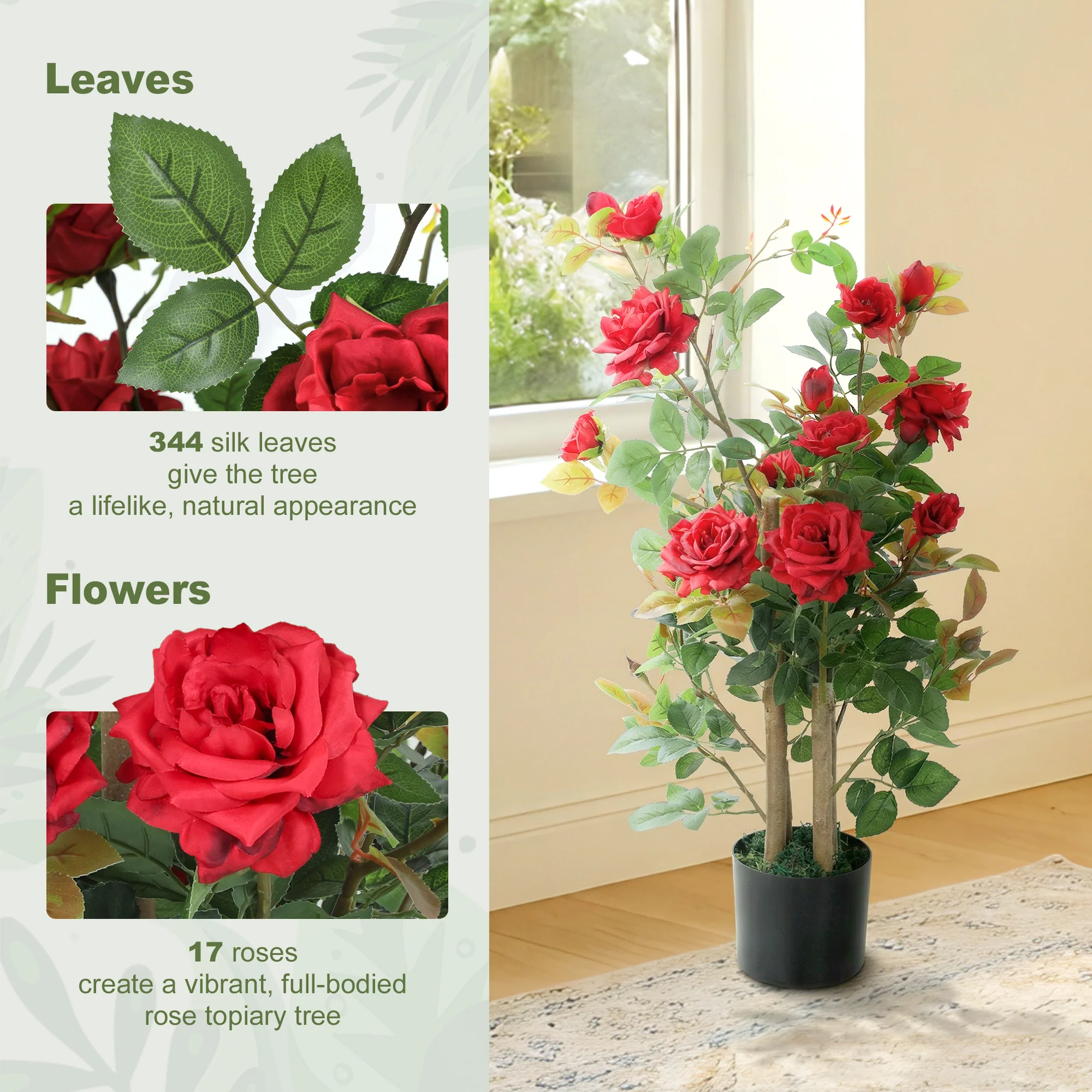90cm Artificial Rose Tree, Decorative Fake Plant with 344 Silk Leaves and 17 Flowers, UV-Resistant Faux Tree for Outdoor Indoor Garden Porch Decor, Red - Image 6