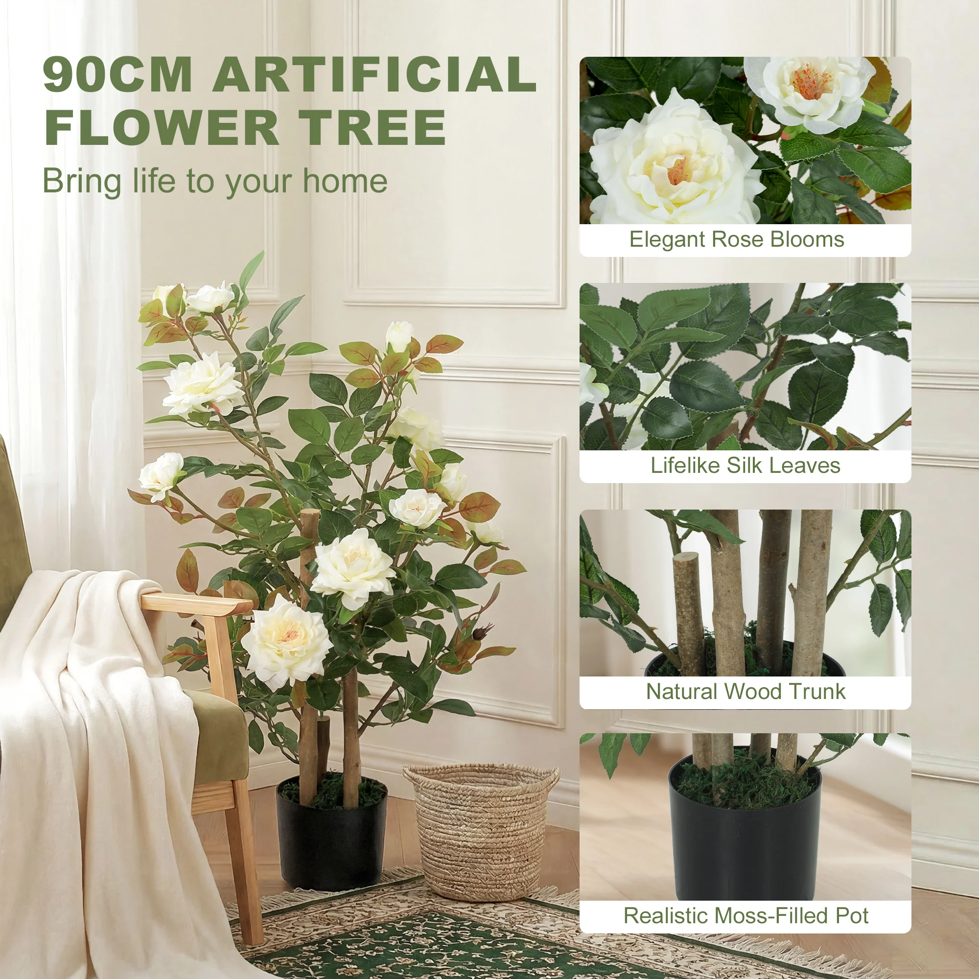 90cm Artificial Rose Tree, Decorative Fake Plant with 344 Silk Leaves and 17 Flowers, UV-Resistant Faux Tree for Outdoor Indoor Garden Porch Decor, White - Image 7