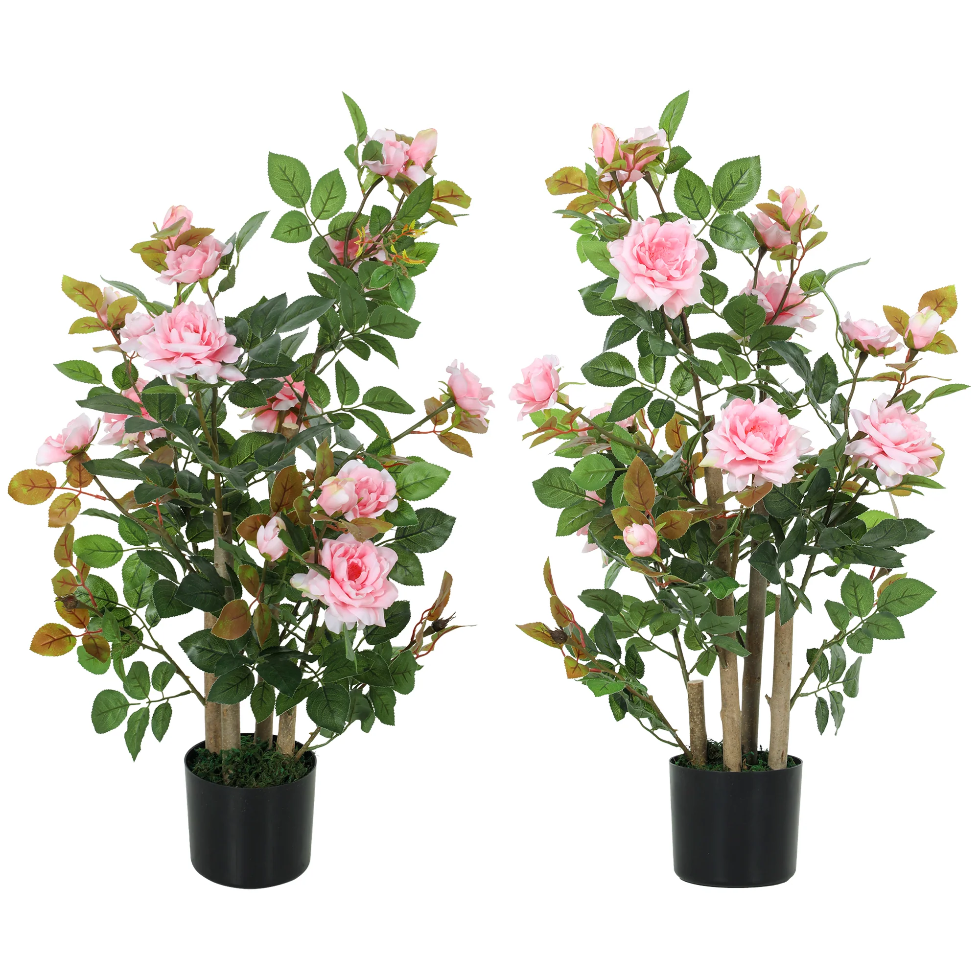90cm Artificial Rose Tree Set of 2, Decorative Fake Plant with 344 Silk Leaves and 17 Flowers, UV-Resistant Faux Tree for Outdoor Indoor Garden Porch Decor, Pink - Image 2