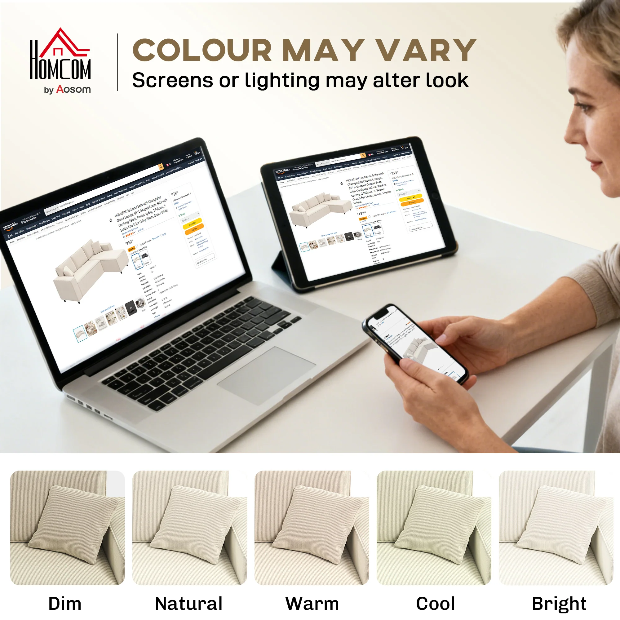 95" L-Shaped Corner Sofa with Corduroy Fabric, Thick Padded, 3 Seat Couch for Living Room, Cream White - Image 9