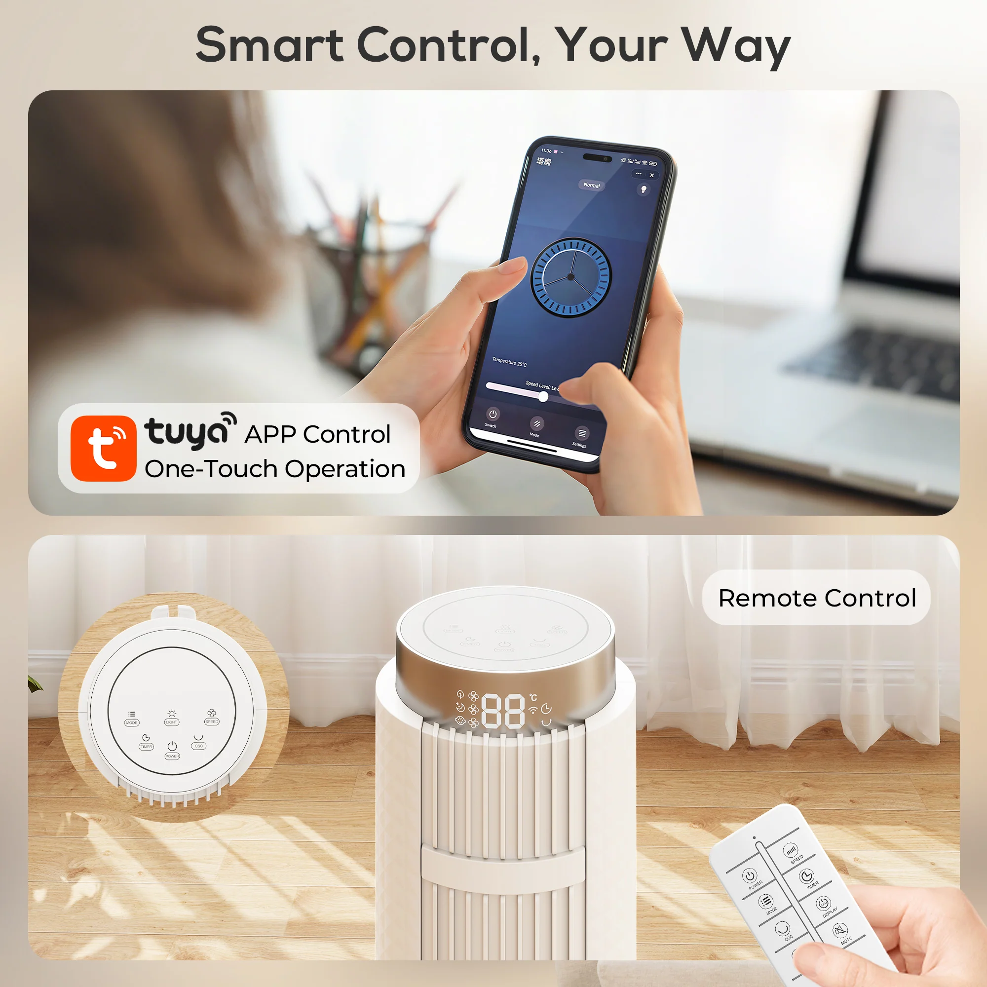96 cm SmartCool Ultra-Quiet WiFi Tower Fan with App & Remote Control, White - Image 6