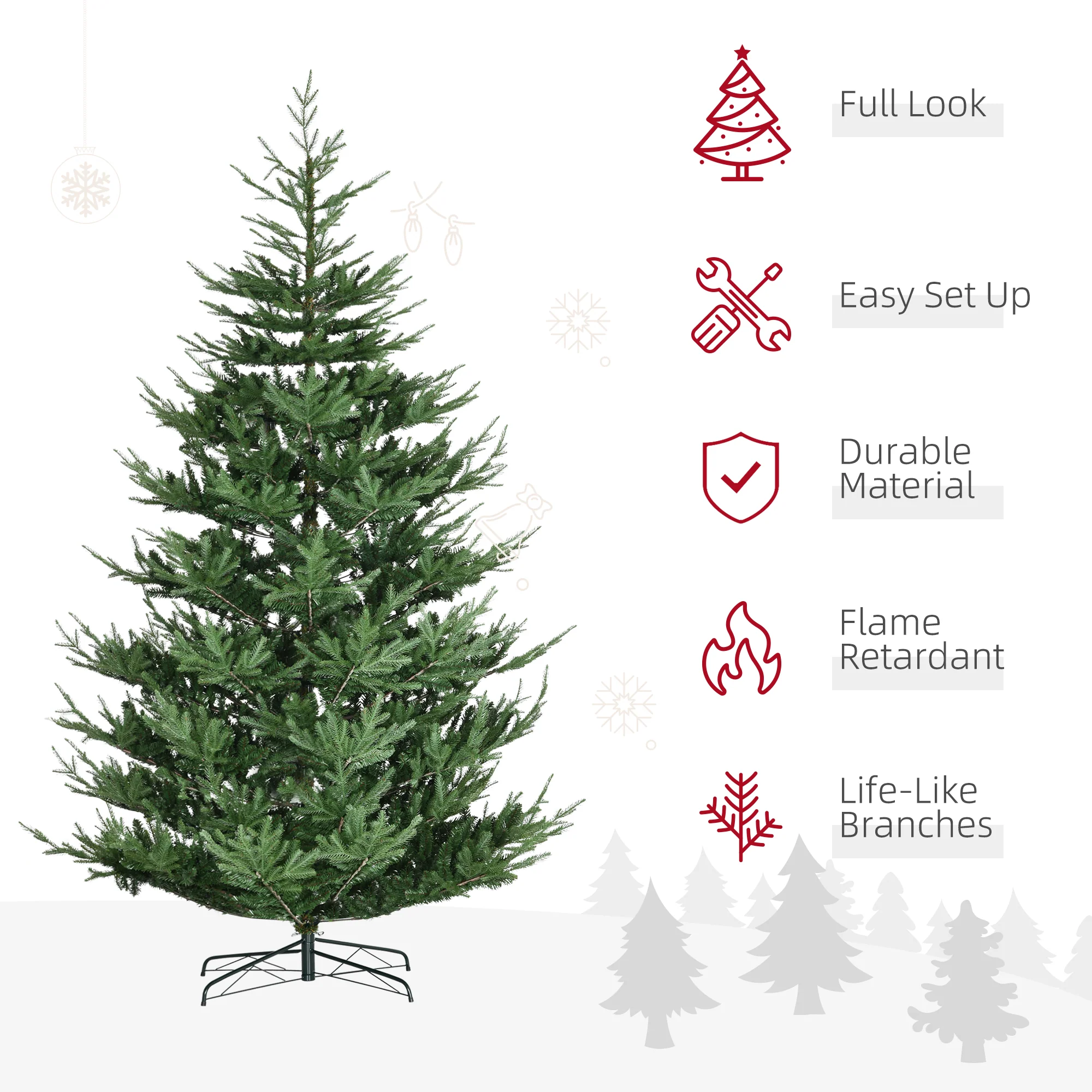 9ft Artificial Christmas Tree, Wide Pine Holidy Decoration with 1939 Tips, Metal Base - Image 6