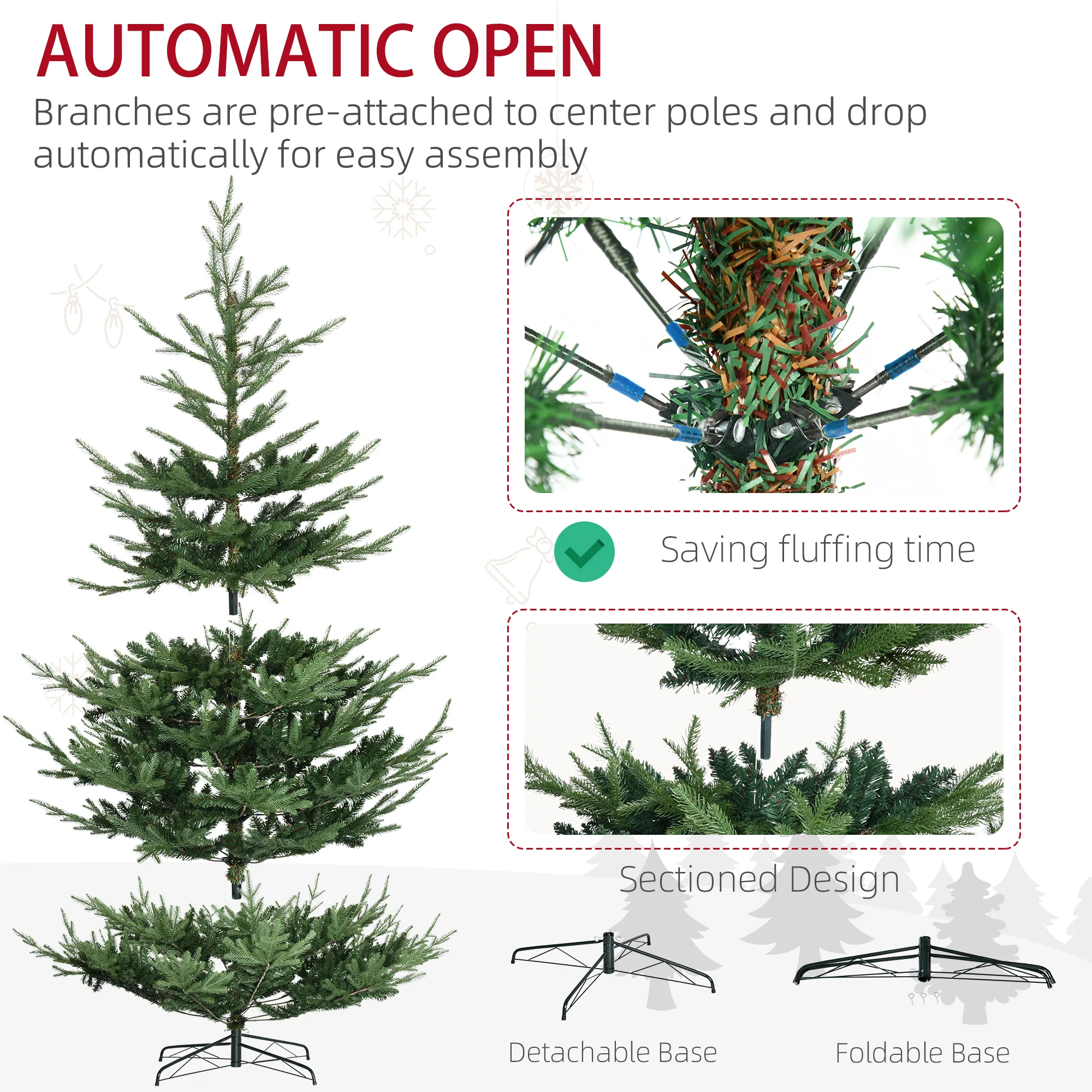 9ft Artificial Christmas Tree, Wide Pine Holidy Decoration with 1939 Tips, Metal Base - Image 8