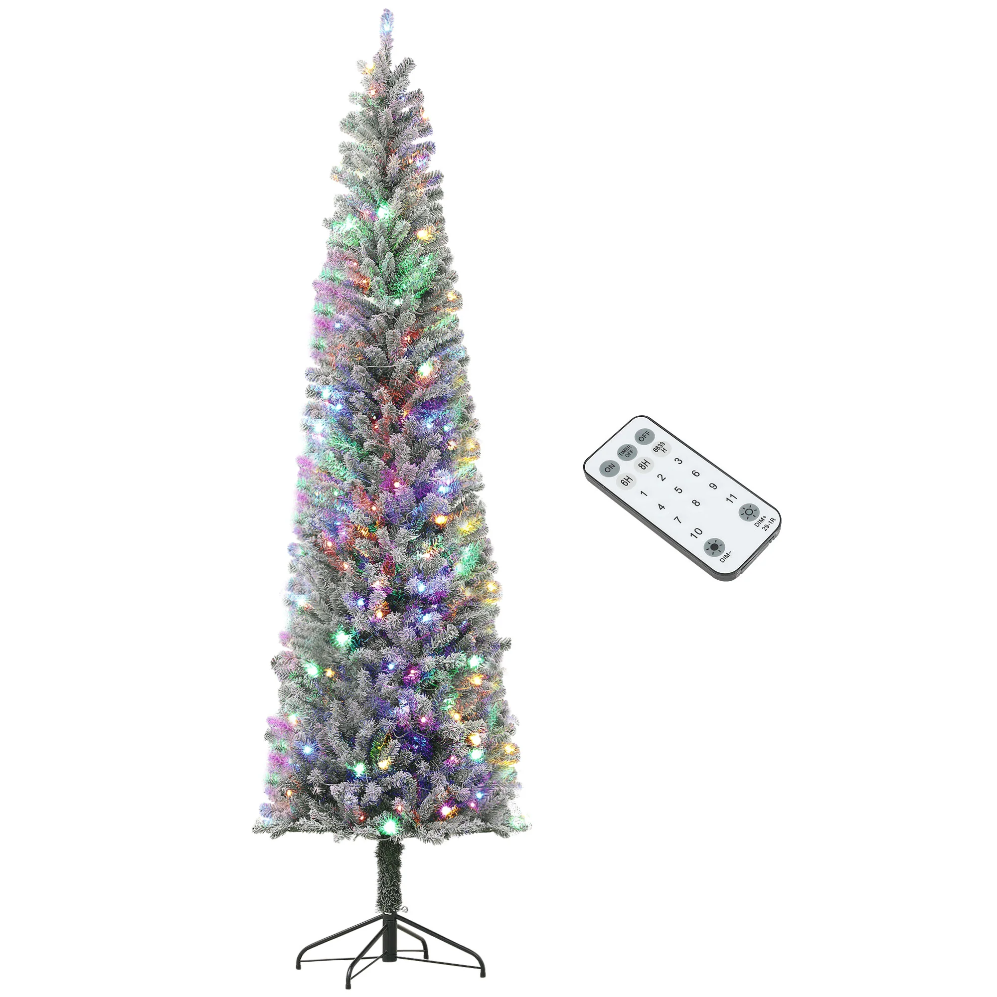 9ft Pre-Lit Pencil Xmas Tree w/ 310 LEDs & Adjustable Brightness, Flocked Xmas Tree, Green