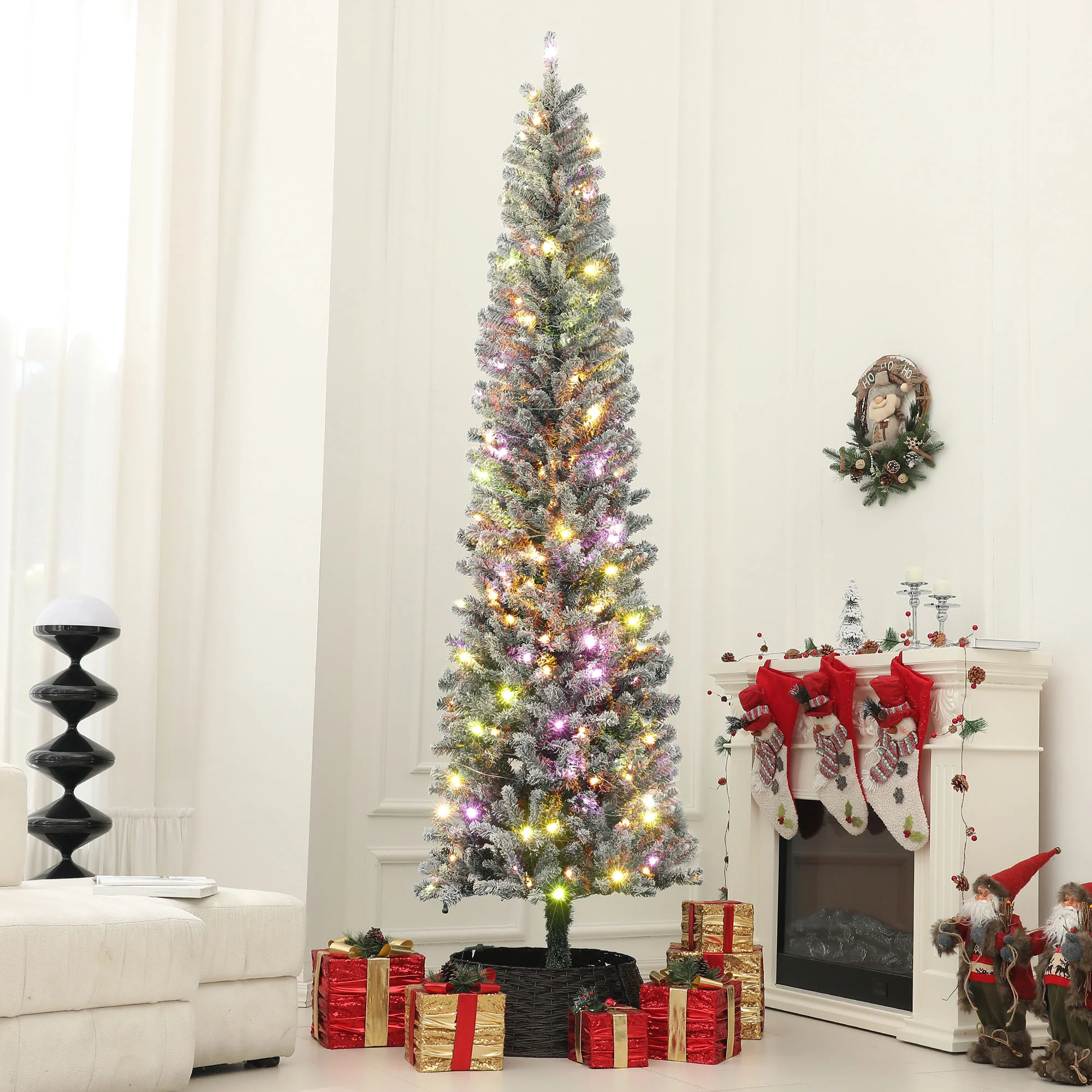 9ft Pre-Lit Pencil Xmas Tree w/ 310 LEDs & Adjustable Brightness, Flocked Xmas Tree, Green - Image 3