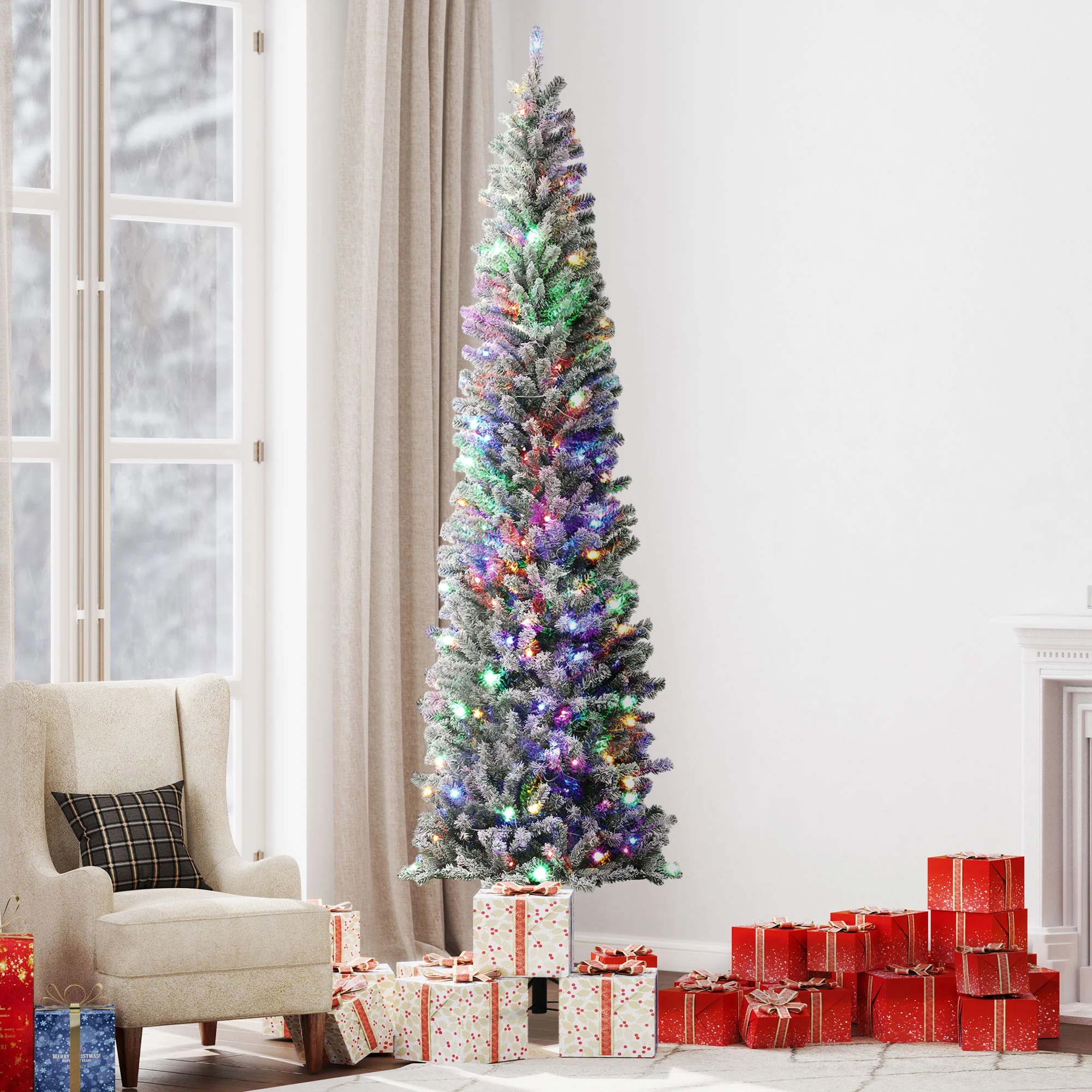 9ft Pre-Lit Pencil Xmas Tree w/ 310 LEDs & Adjustable Brightness, Flocked Xmas Tree, Green - Image 4