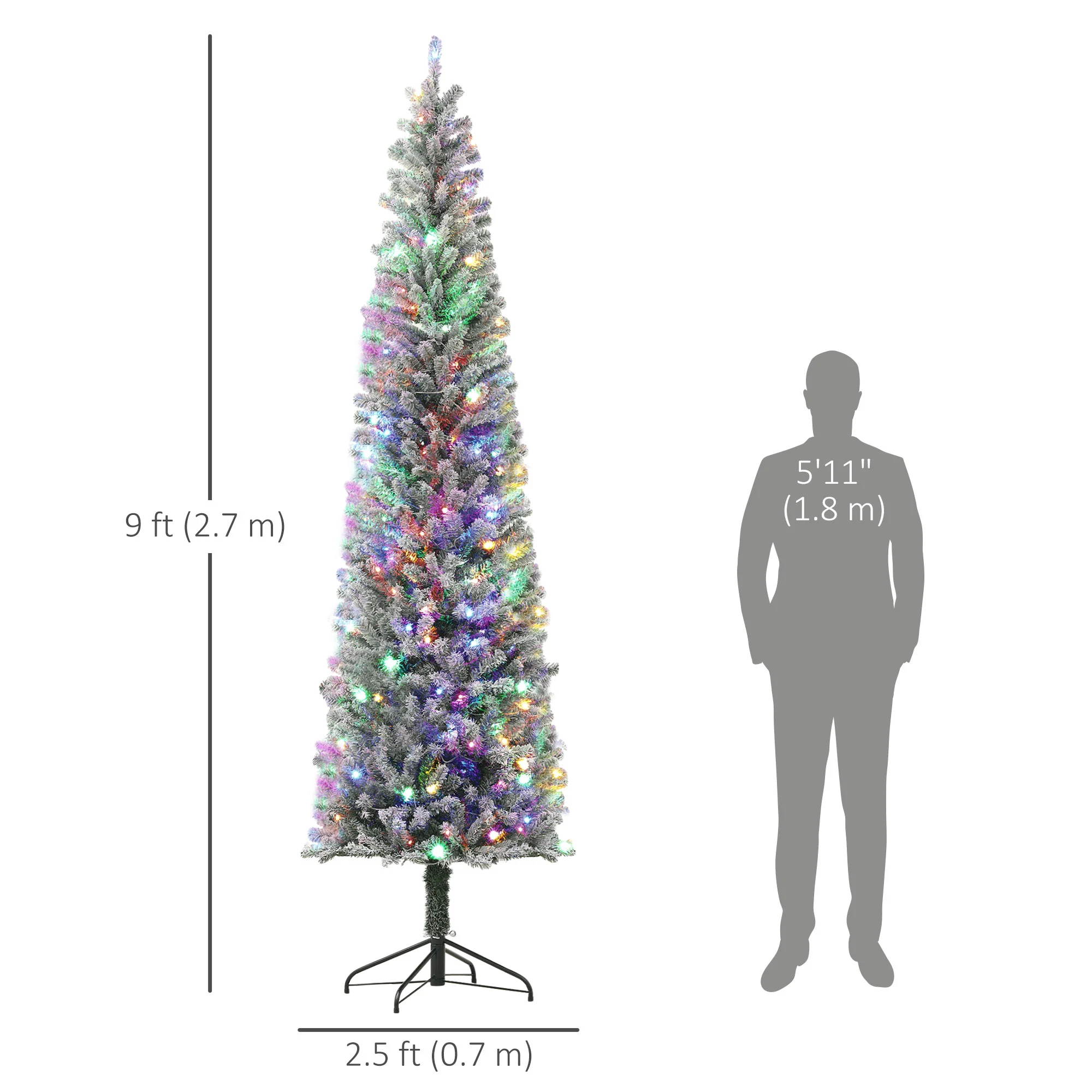 9ft Pre-Lit Pencil Xmas Tree w/ 310 LEDs & Adjustable Brightness, Flocked Xmas Tree, Green - Image 5