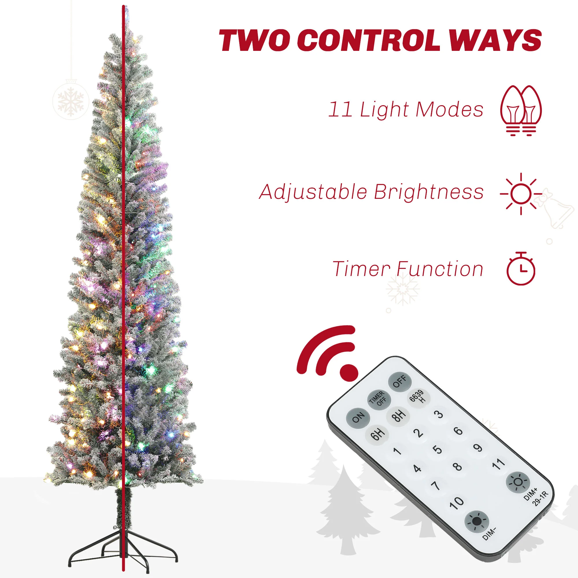 9ft Pre-Lit Pencil Xmas Tree w/ 310 LEDs & Adjustable Brightness, Flocked Xmas Tree, Green - Image 7