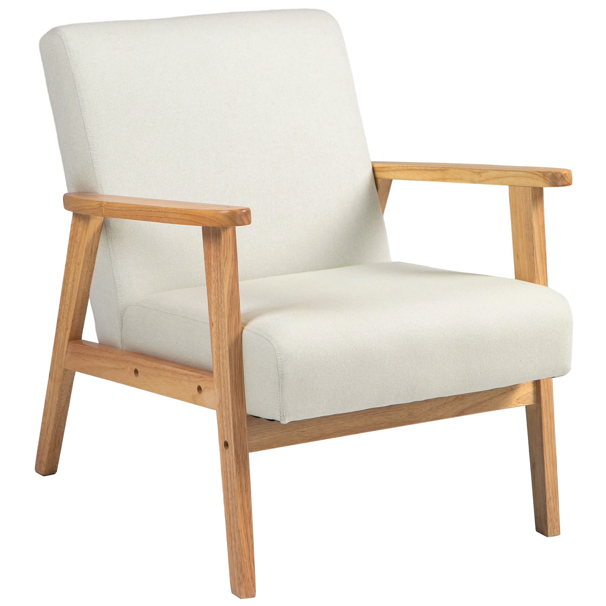 Accent Armchair, Single Lounge Chair with Rubber Wood Legs and Padded Seat, Cream White