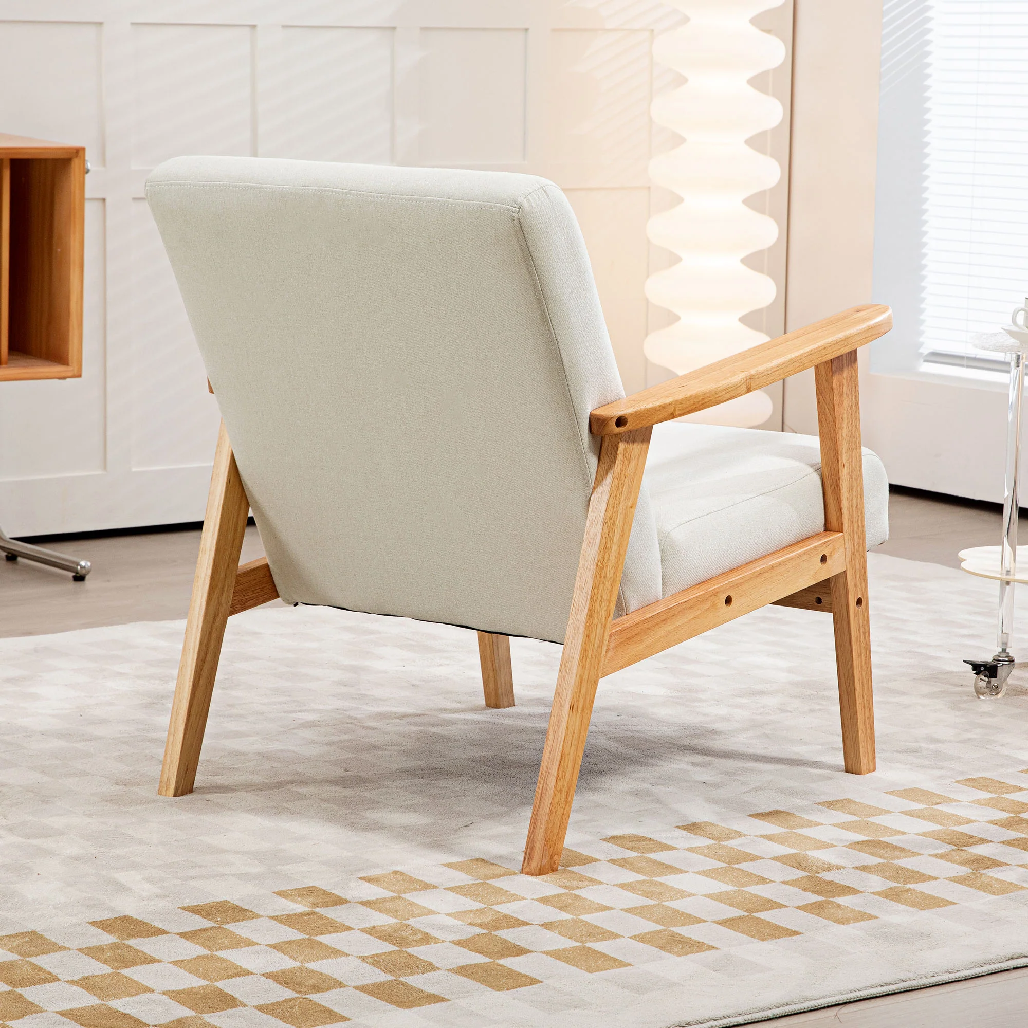 Accent Armchair, Single Lounge Chair with Rubber Wood Legs and Padded Seat, Cream White - Image 10
