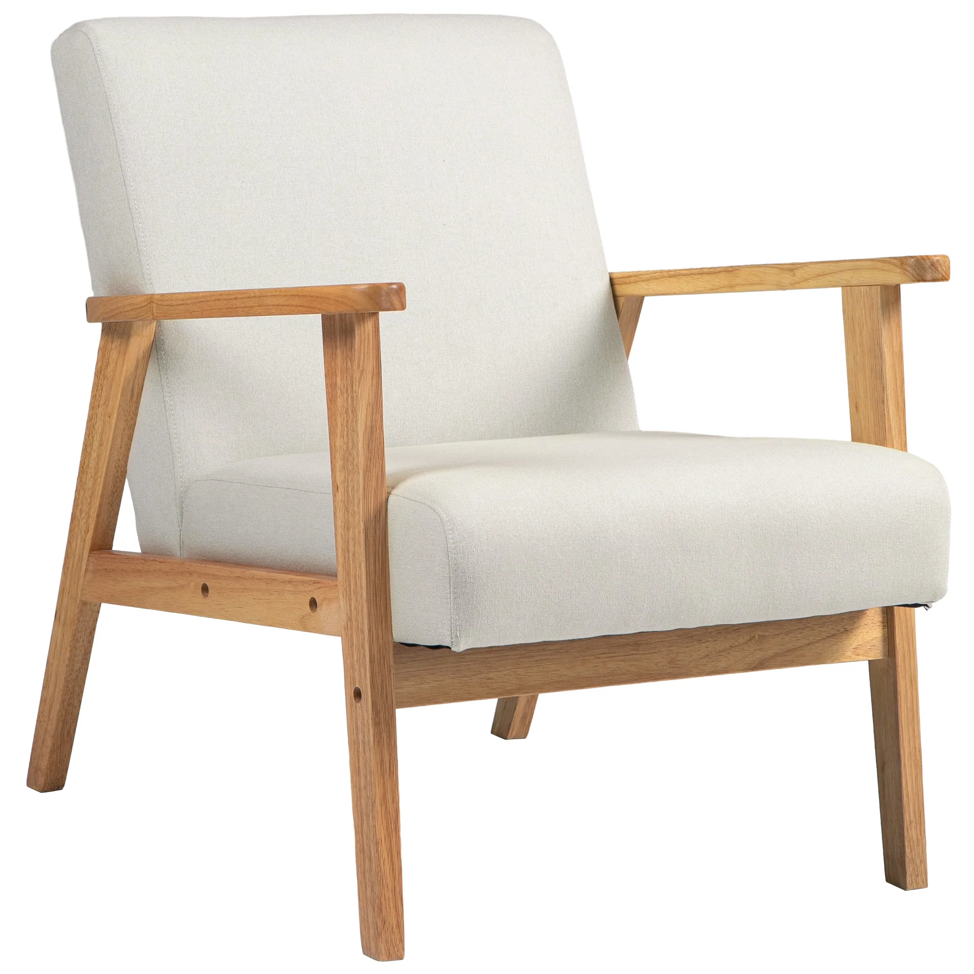 Accent Armchair, Single Lounge Chair with Rubber Wood Legs and Padded Seat, Cream White - Image 2