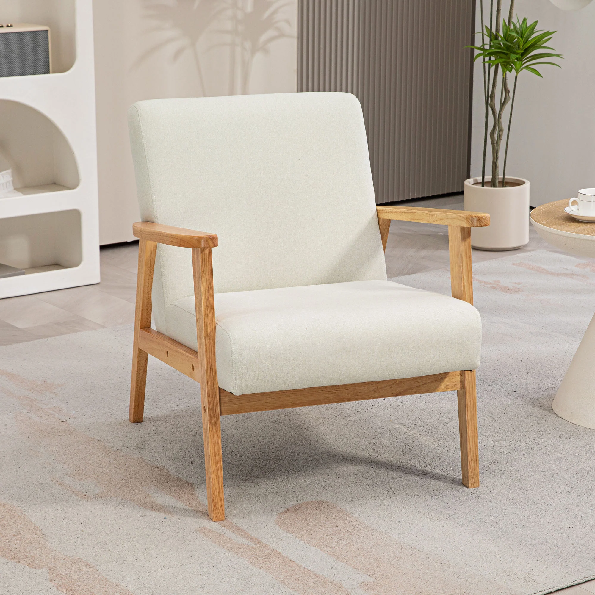 Accent Armchair, Single Lounge Chair with Rubber Wood Legs and Padded Seat, Cream White - Image 3