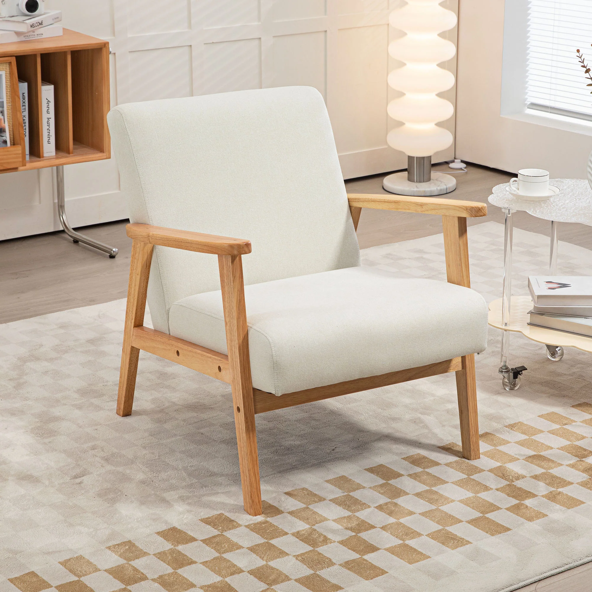 Accent Armchair, Single Lounge Chair with Rubber Wood Legs and Padded Seat, Cream White - Image 4