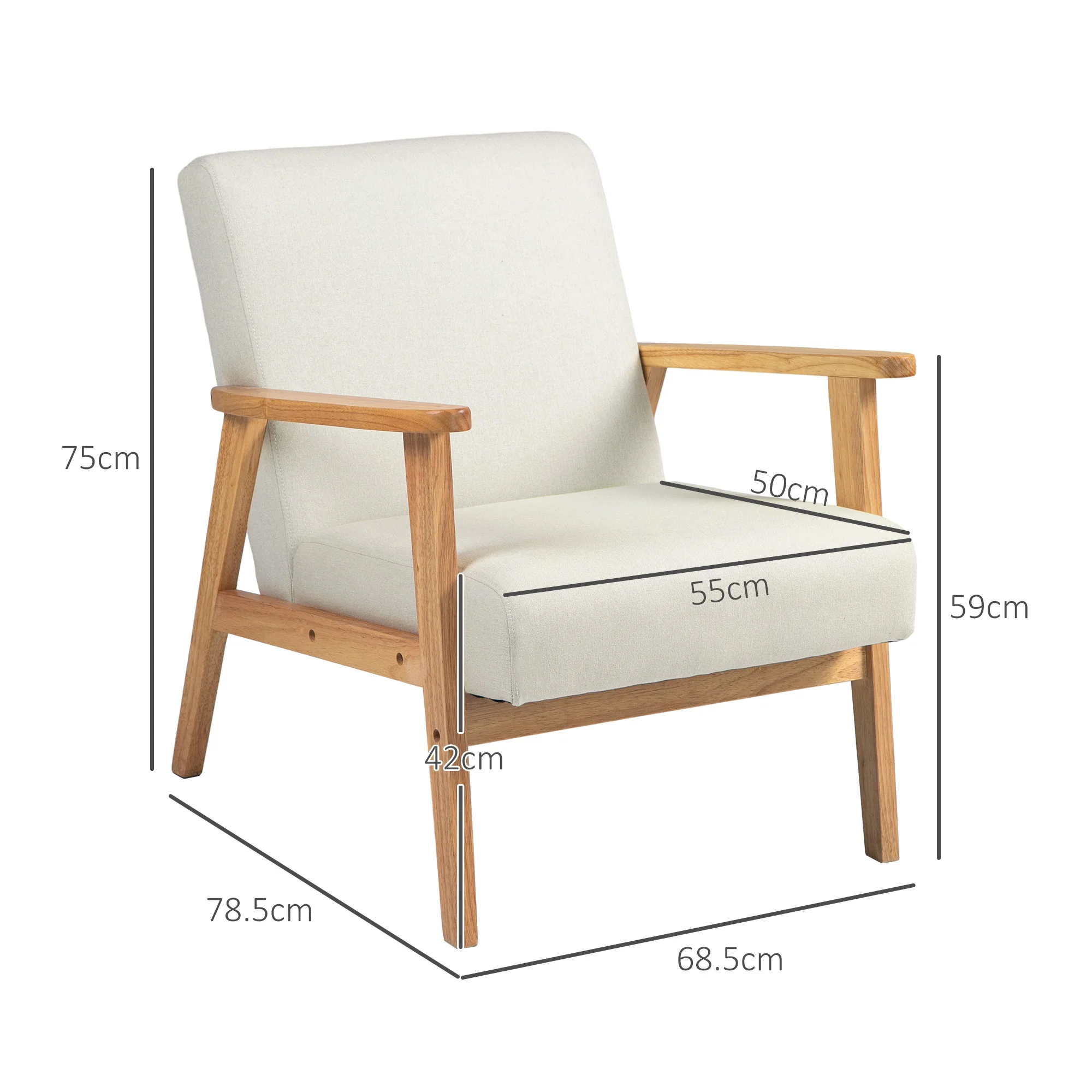 Accent Armchair, Single Lounge Chair with Rubber Wood Legs and Padded Seat, Cream White - Image 5
