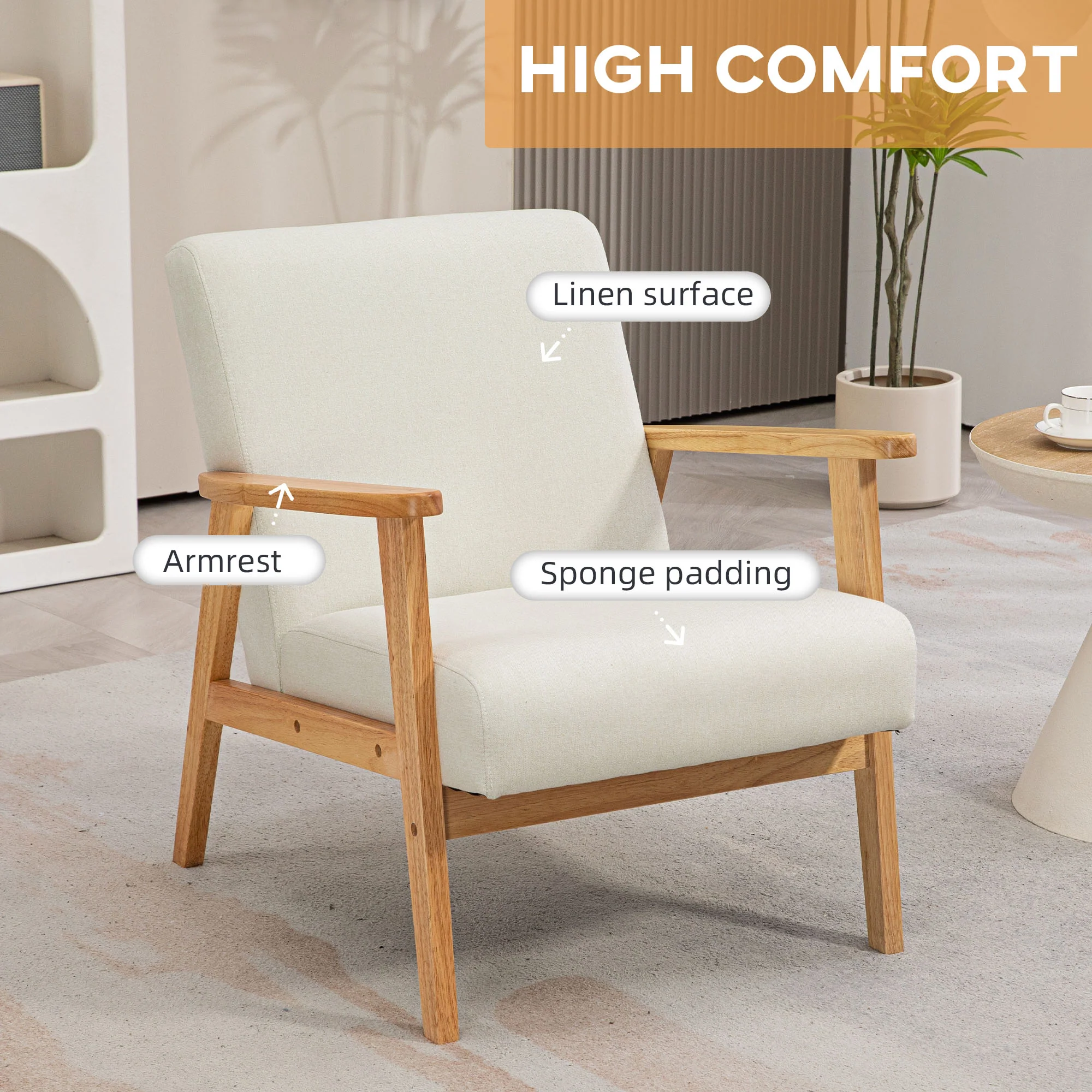 Accent Armchair, Single Lounge Chair with Rubber Wood Legs and Padded Seat, Cream White - Image 6