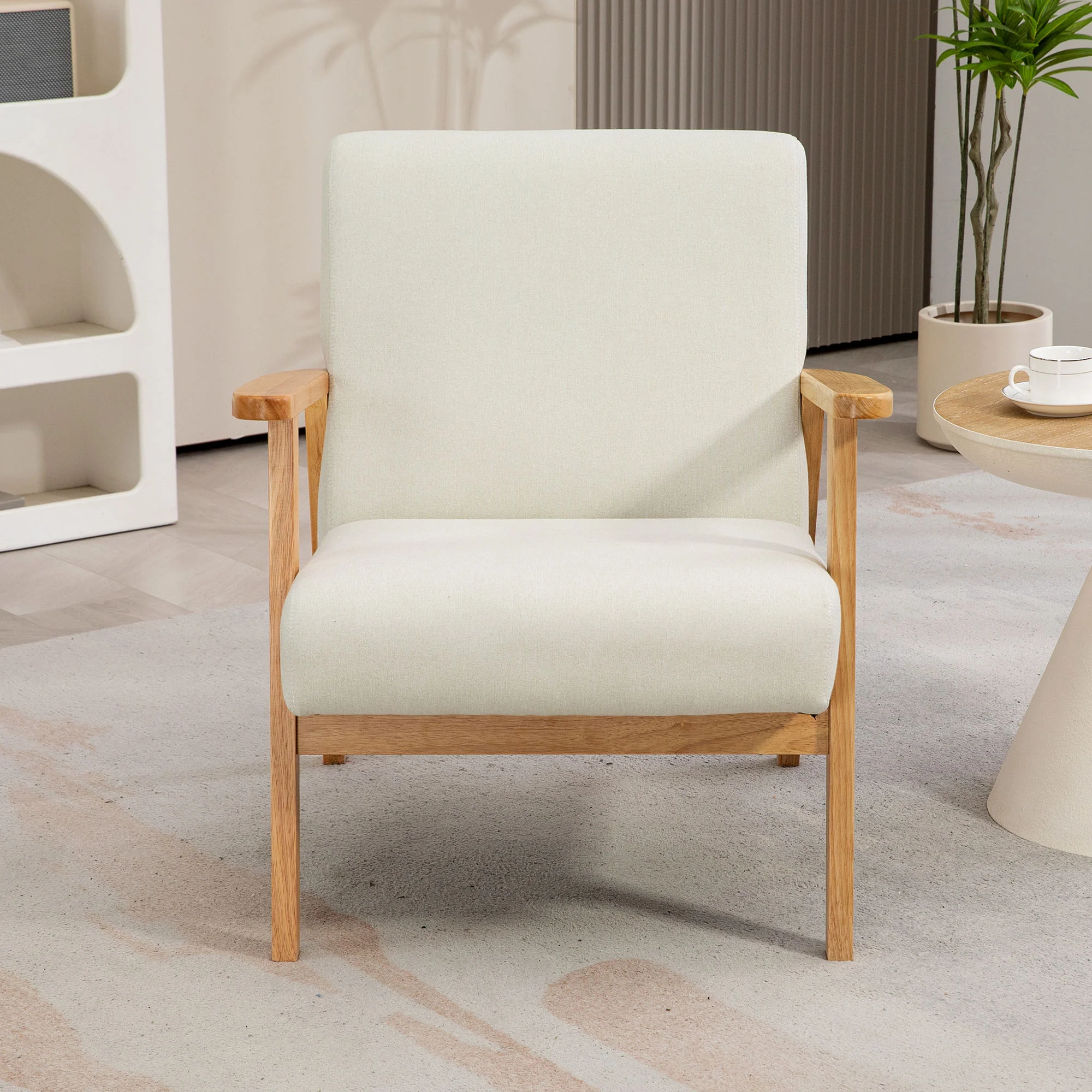 Accent Armchair, Single Lounge Chair with Rubber Wood Legs and Padded Seat, Cream White - Image 8