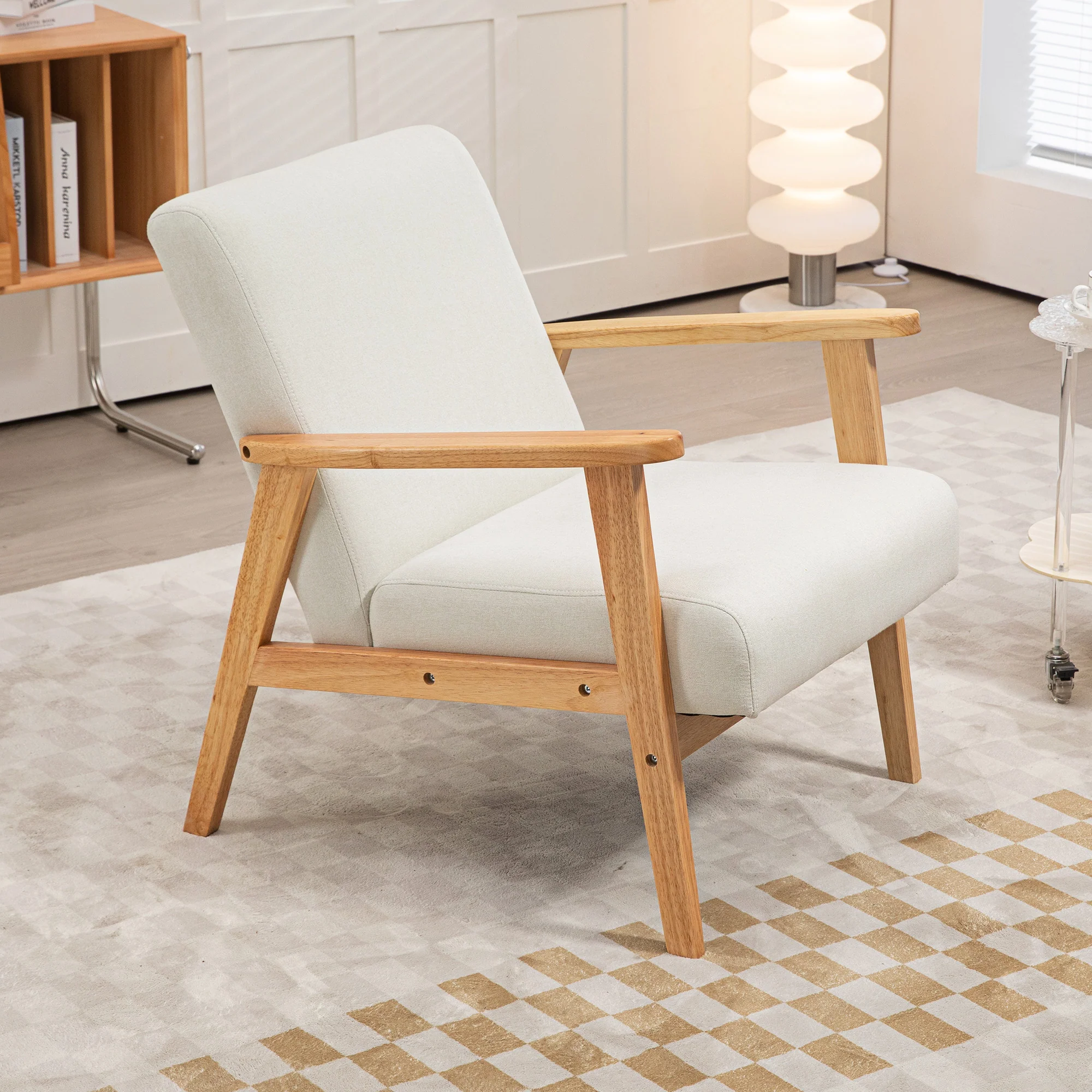 Accent Armchair, Single Lounge Chair with Rubber Wood Legs and Padded Seat, Cream White - Image 9