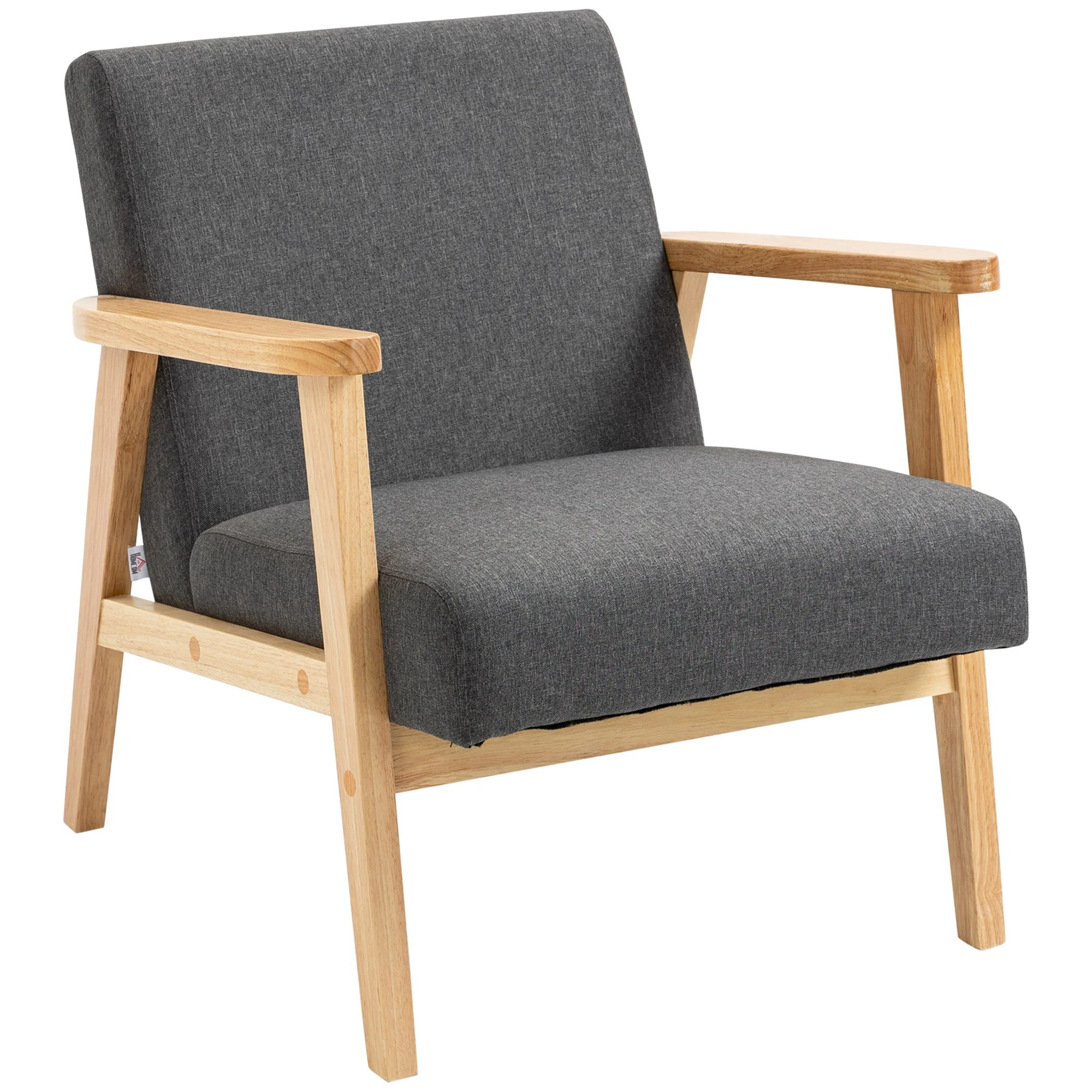 Accent Armchair, Single Lounge Chair with Rubber Wood Legs and Padded Seat, Dark Grey