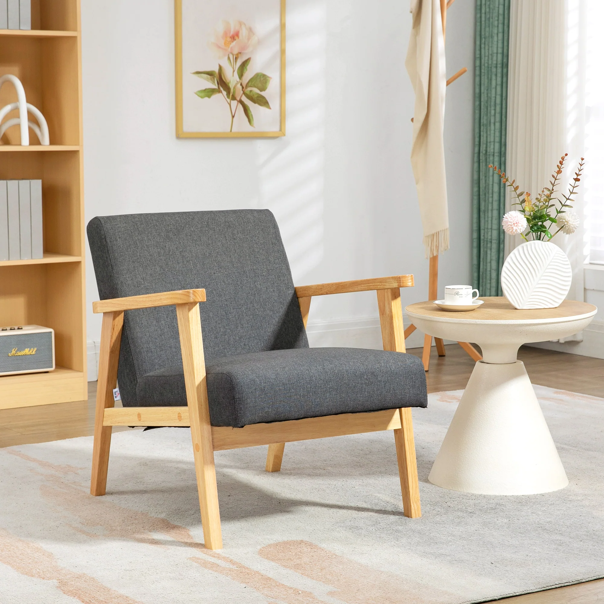 Accent Armchair, Single Lounge Chair with Rubber Wood Legs and Padded Seat, Dark Grey - Image 3