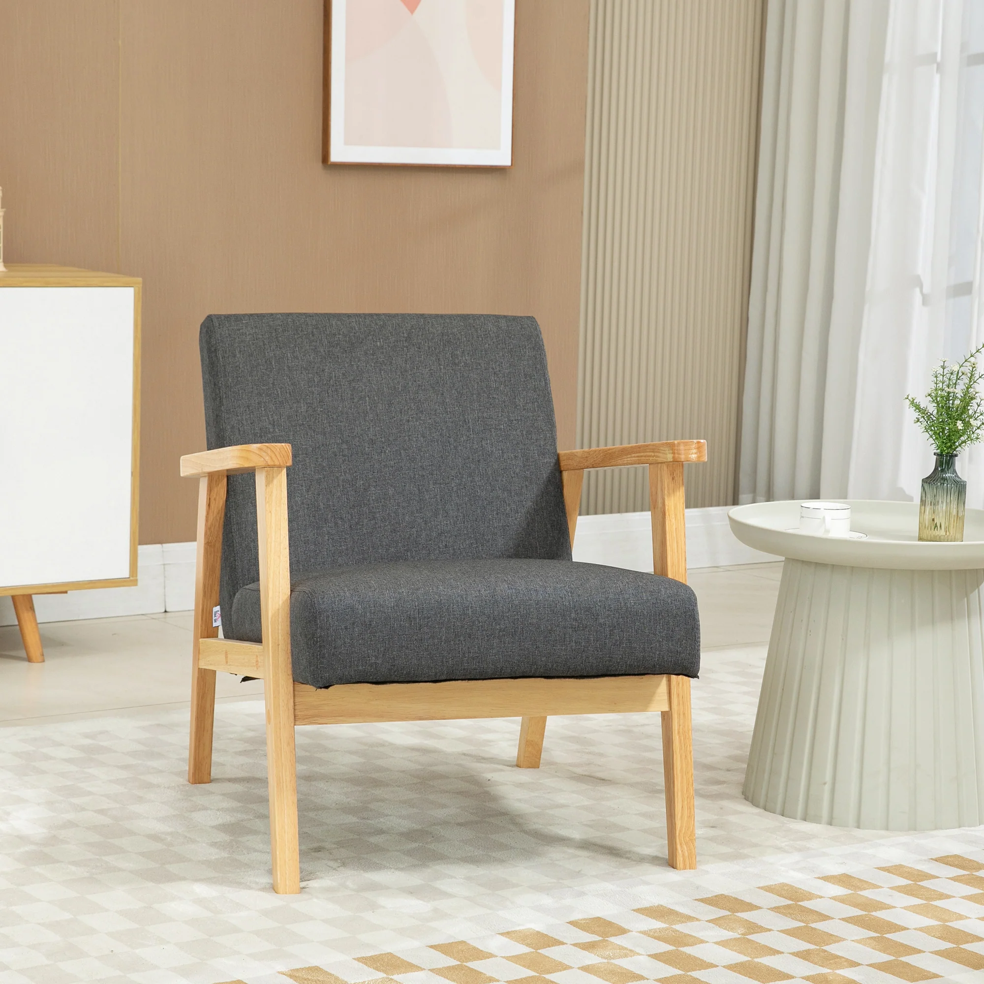 Accent Armchair, Single Lounge Chair with Rubber Wood Legs and Padded Seat, Dark Grey - Image 4