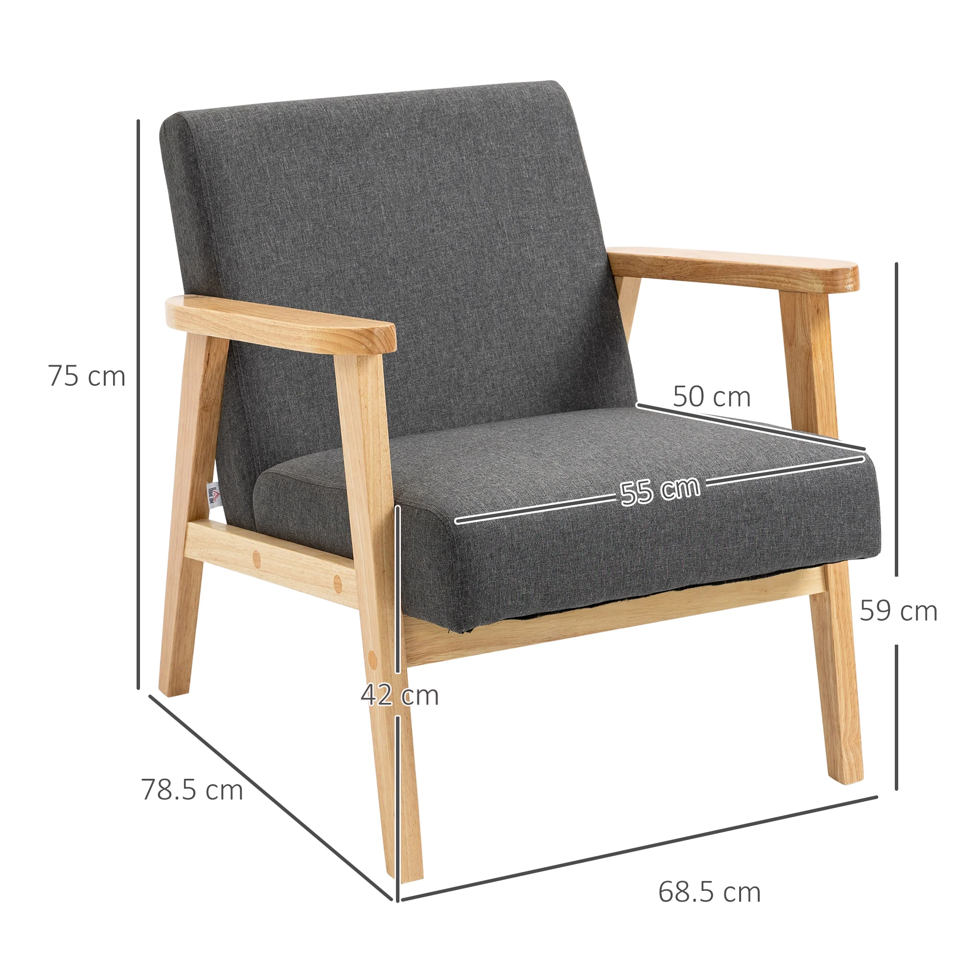 Accent Armchair, Single Lounge Chair with Rubber Wood Legs and Padded Seat, Dark Grey - Image 5
