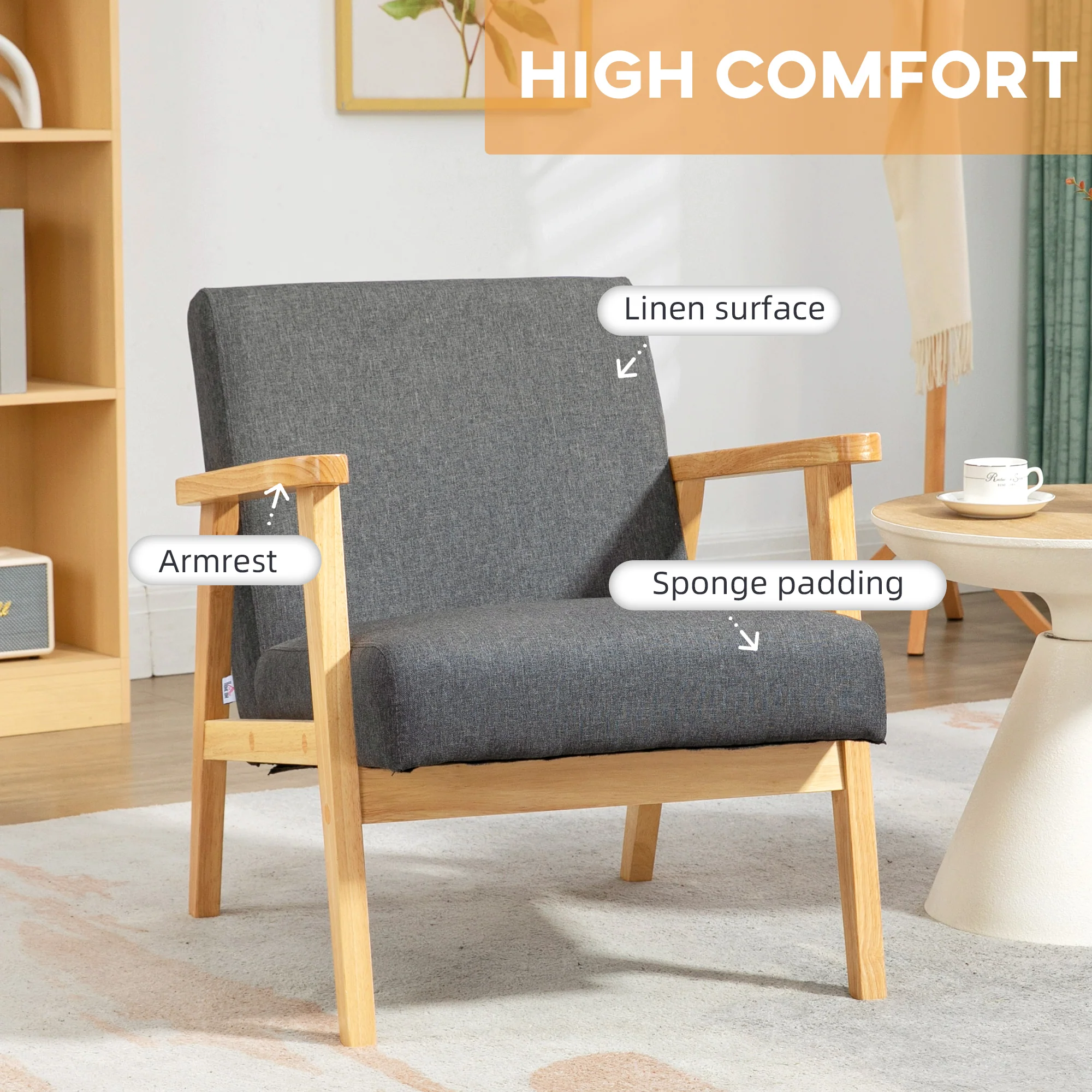 Accent Armchair, Single Lounge Chair with Rubber Wood Legs and Padded Seat, Dark Grey - Image 6
