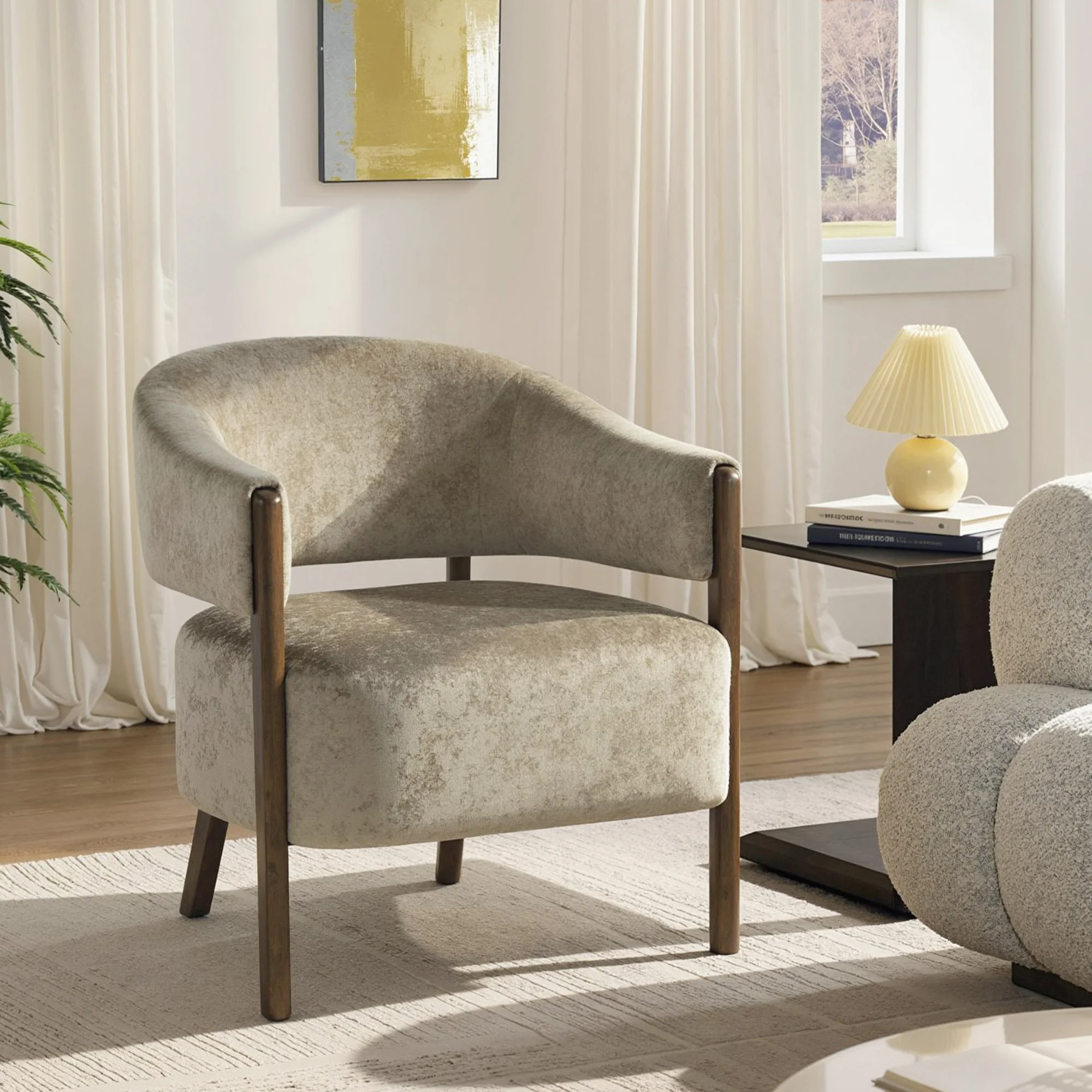 Chenille Accent Armchair with Curved Back & Wood Frame, Light Brown - Image 3