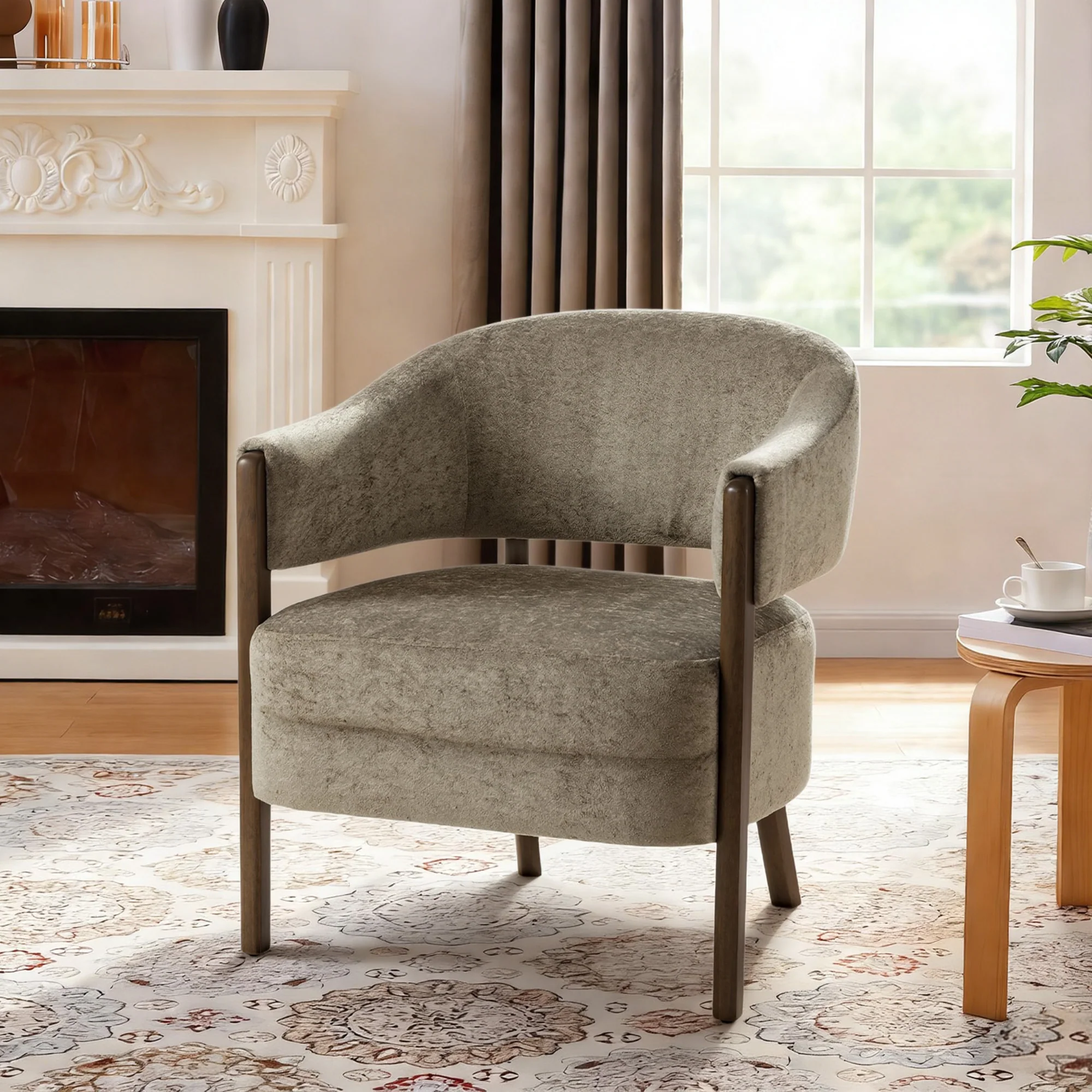 Chenille Accent Armchair with Curved Back & Wood Frame, Light Brown - Image 4
