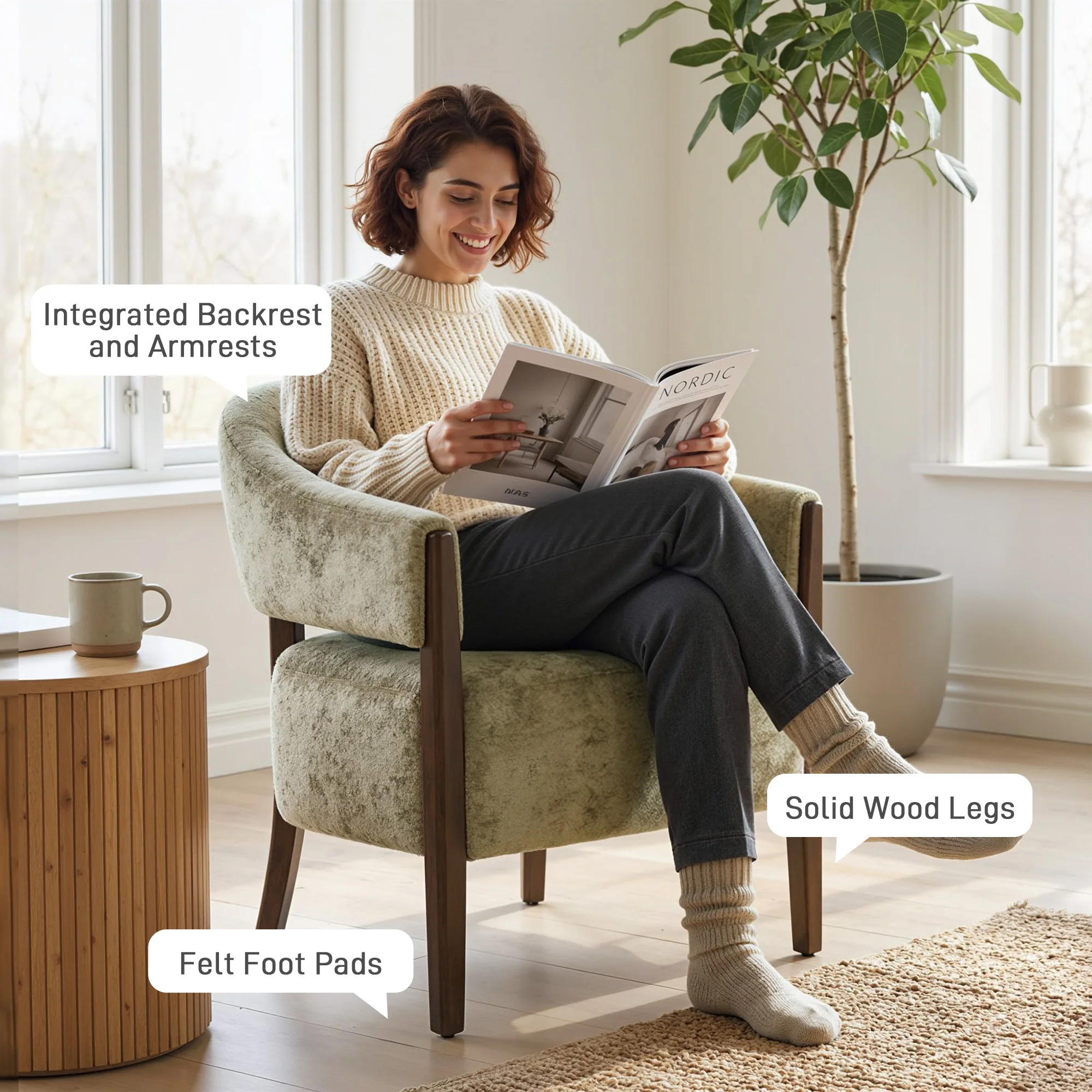 Chenille Accent Armchair with Curved Back & Wood Frame, Light Brown - Image 9