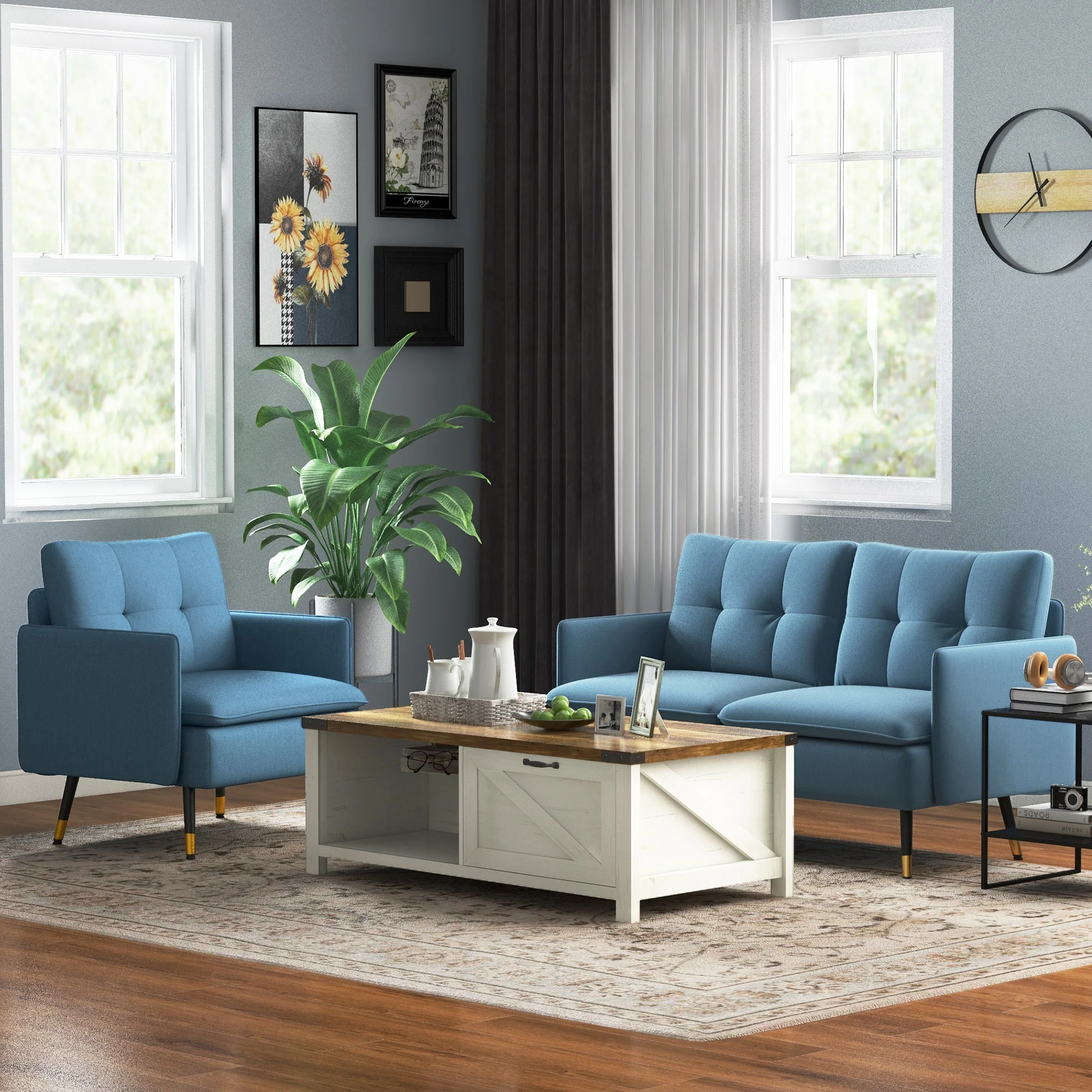 Button Tufted Accent Chair with Steel Legs & Arms, Blue - Image 3