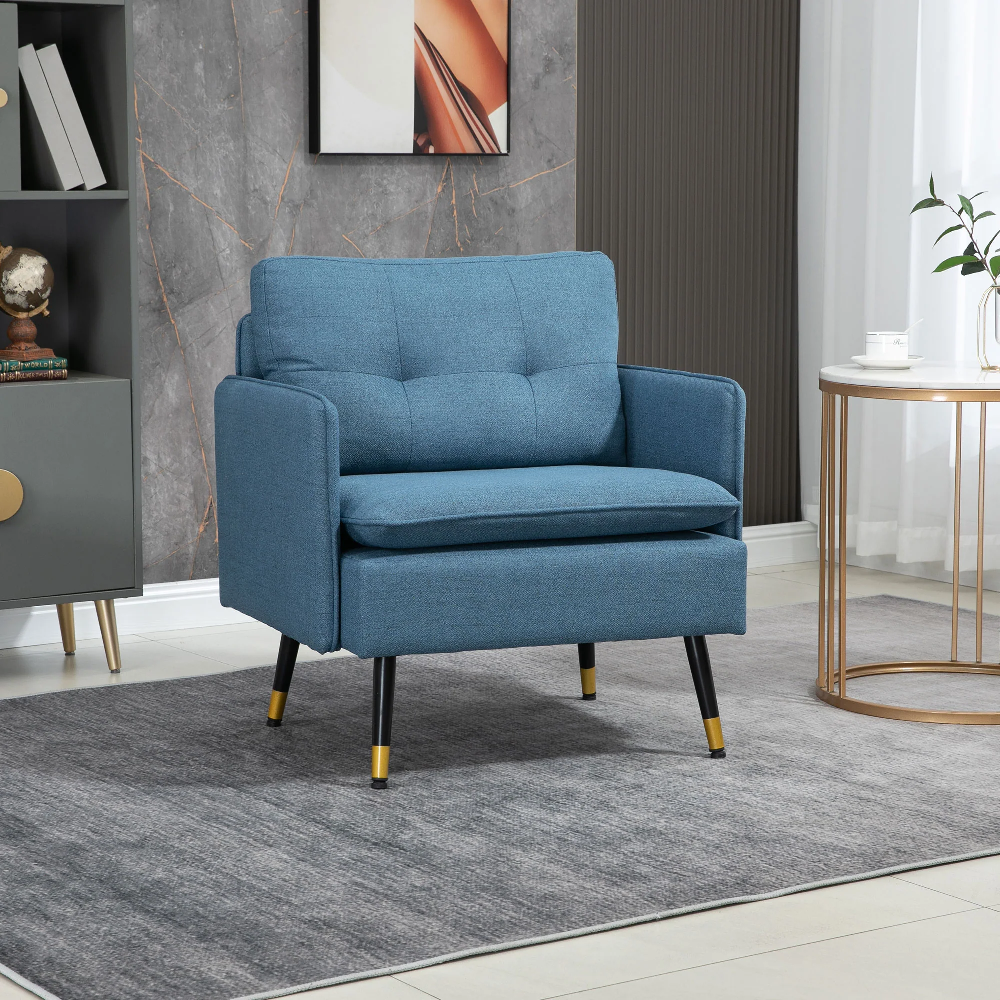 Button Tufted Accent Chair with Steel Legs & Arms, Blue - Image 4