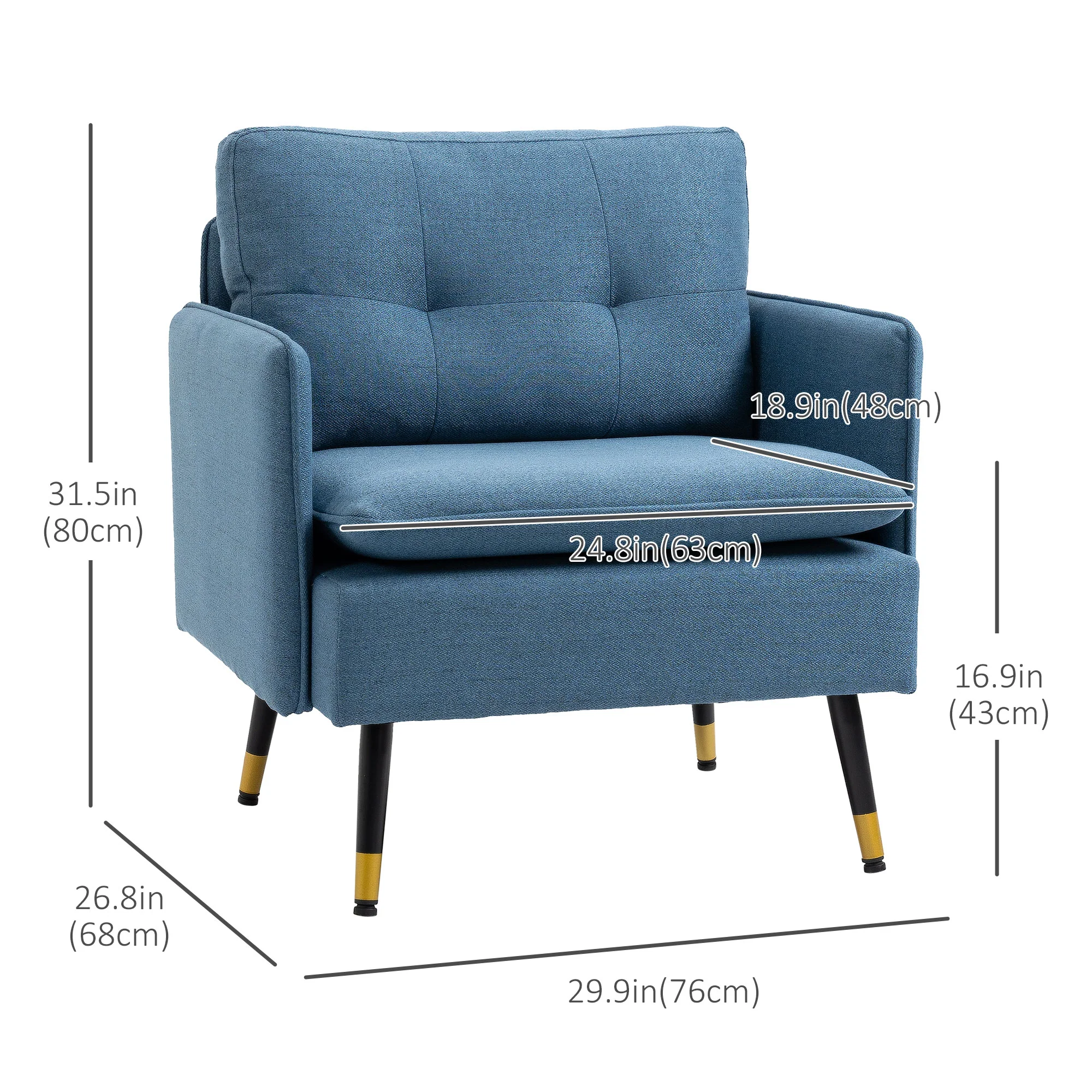 Button Tufted Accent Chair with Steel Legs & Arms, Blue - Image 5