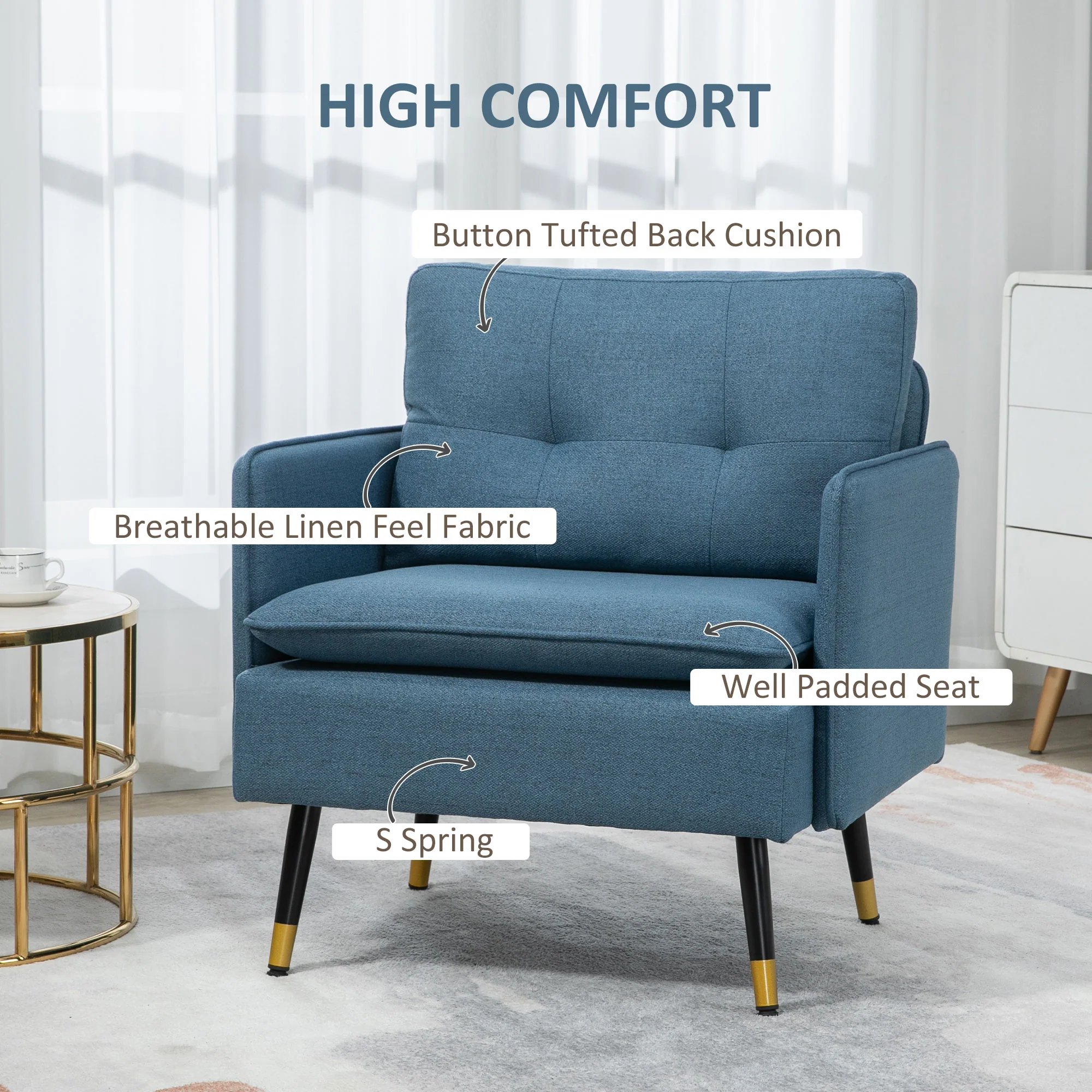 Button Tufted Accent Chair with Steel Legs & Arms, Blue - Image 6