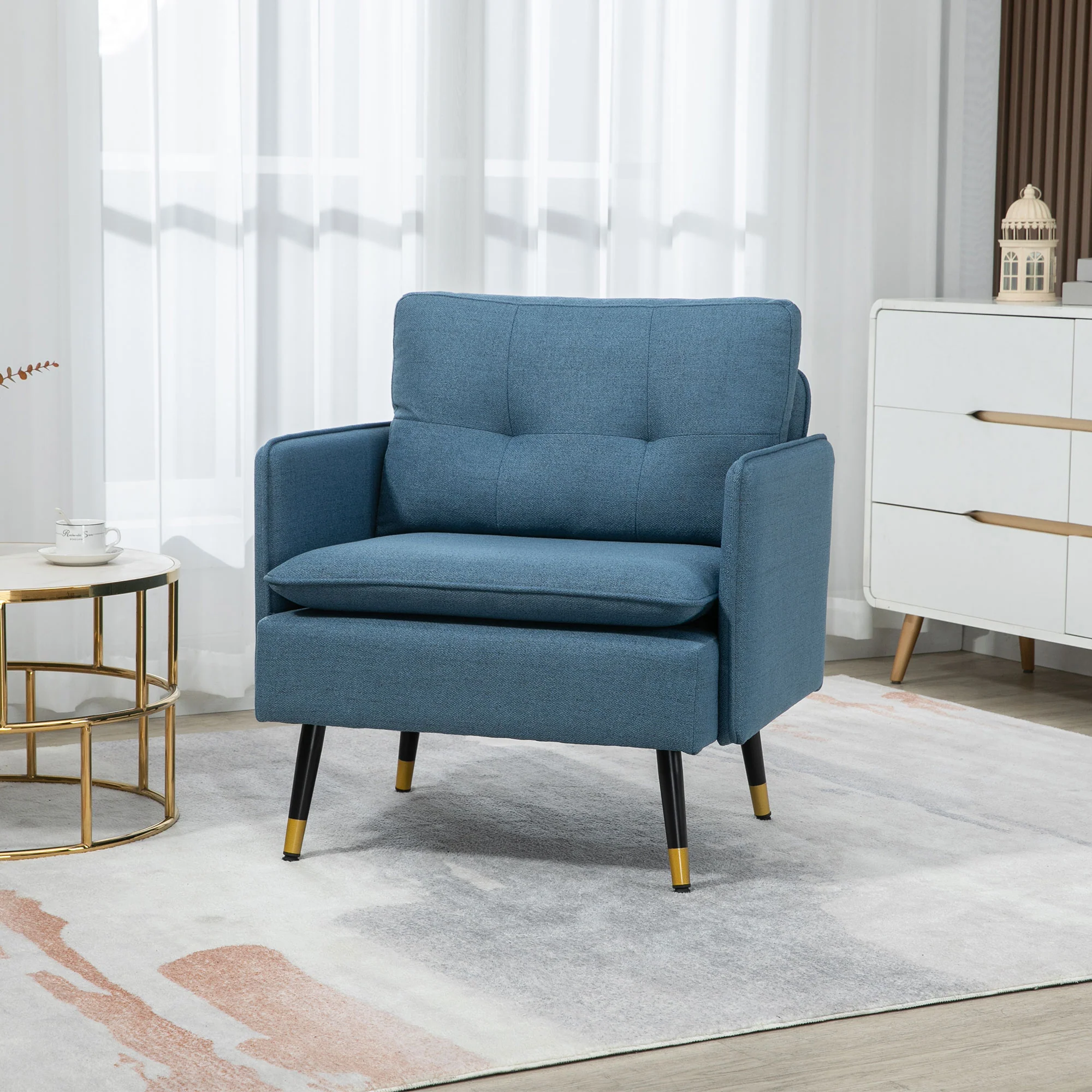 Button Tufted Accent Chair with Steel Legs & Arms, Blue - Image 8