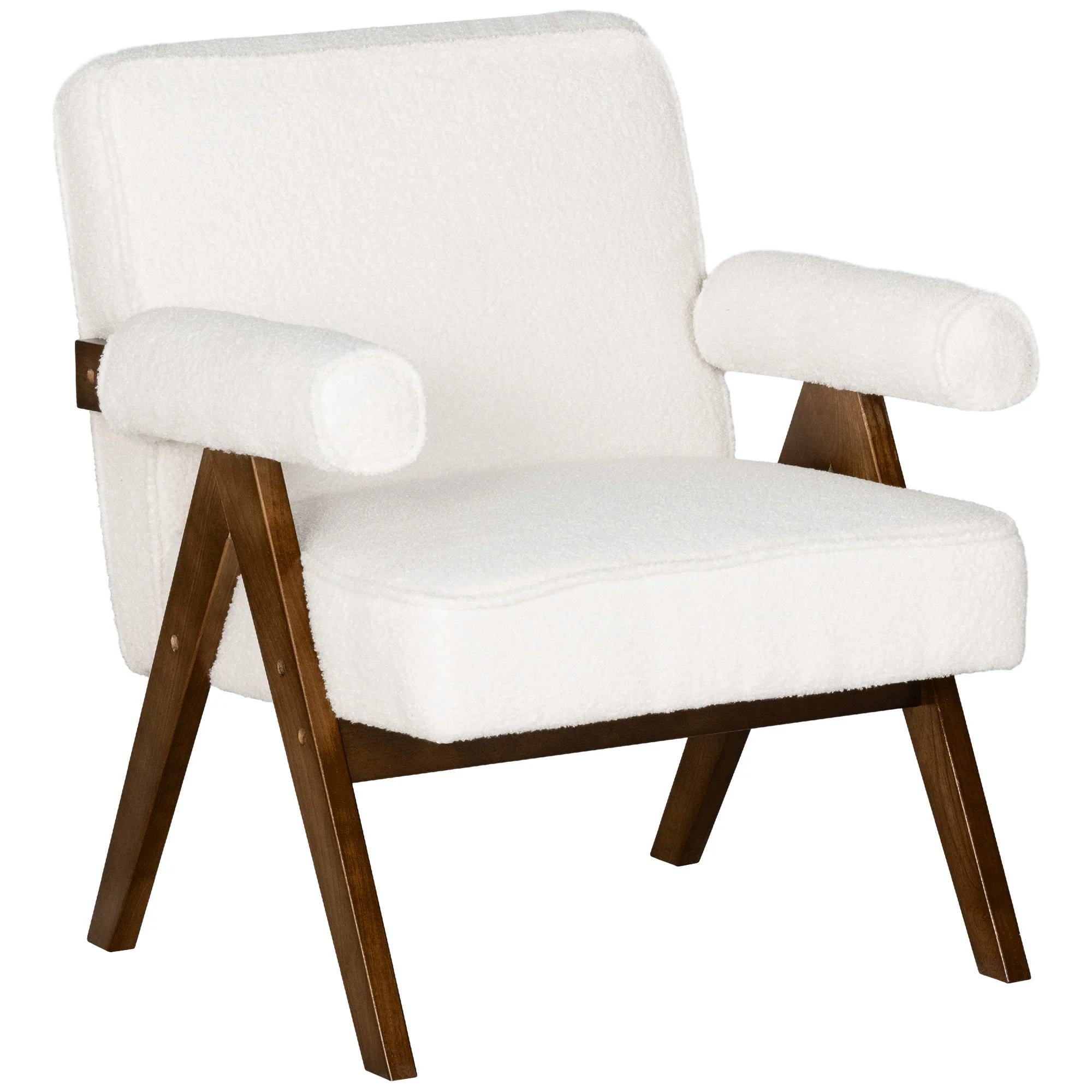 Wide Seat Cashmere Accent Chair with Padded Armrests & Solid Wood Legs Cream White