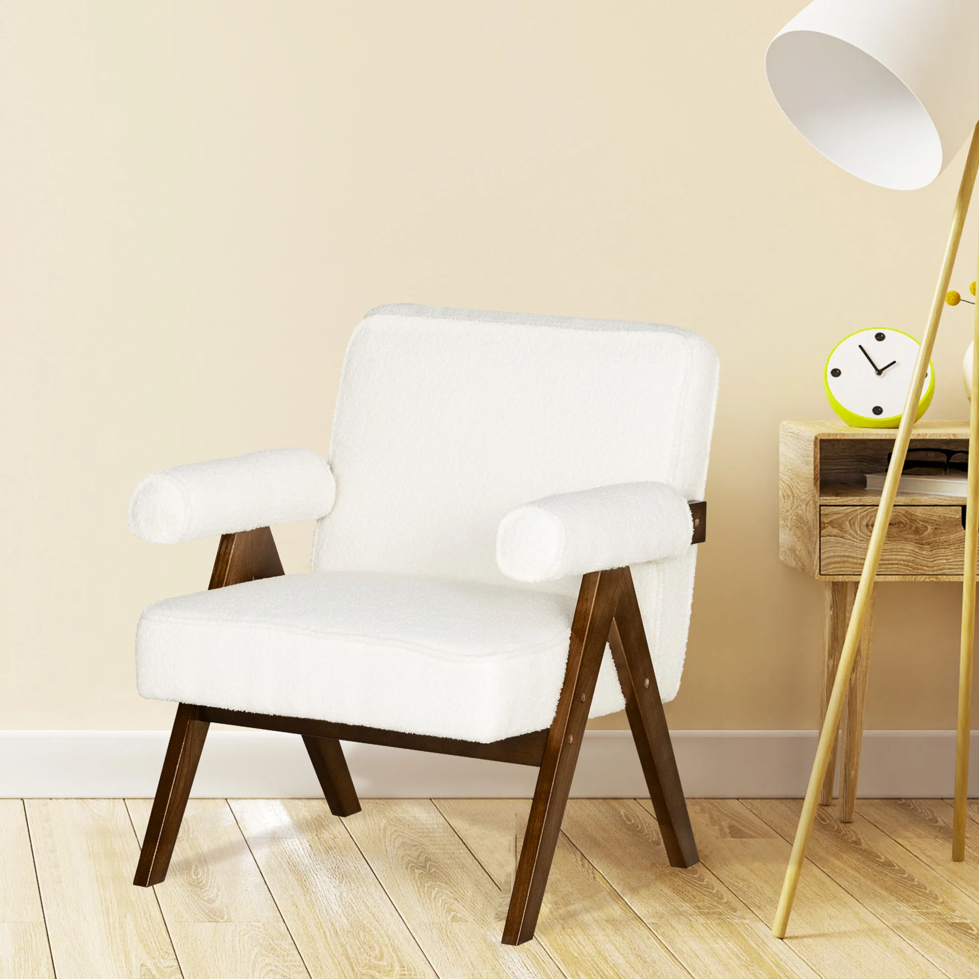 Wide Seat Cashmere Accent Chair with Padded Armrests & Solid Wood Legs Cream White - Image 11