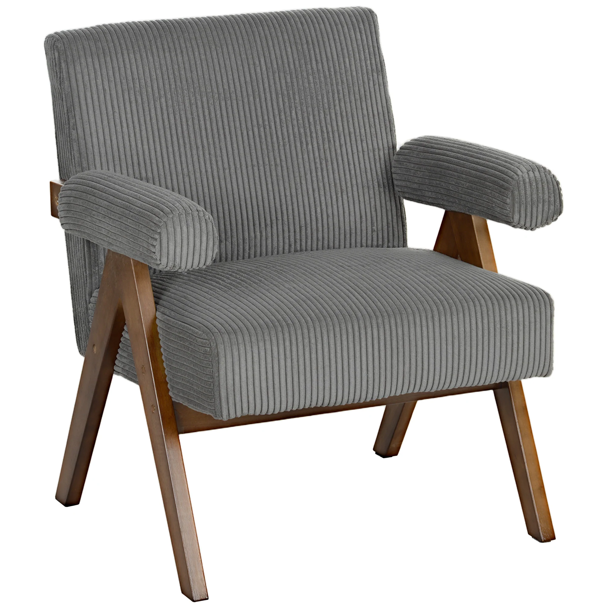 Wide Seat Corduroy Accent Chair with Padded Armrests & Solid Wood Legs Dark Grey